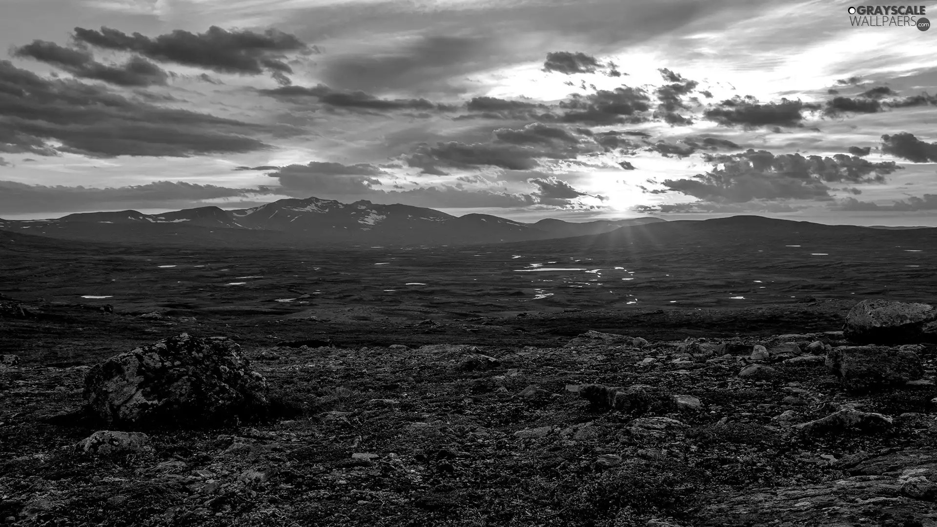 rays, clouds, Mountains, sun