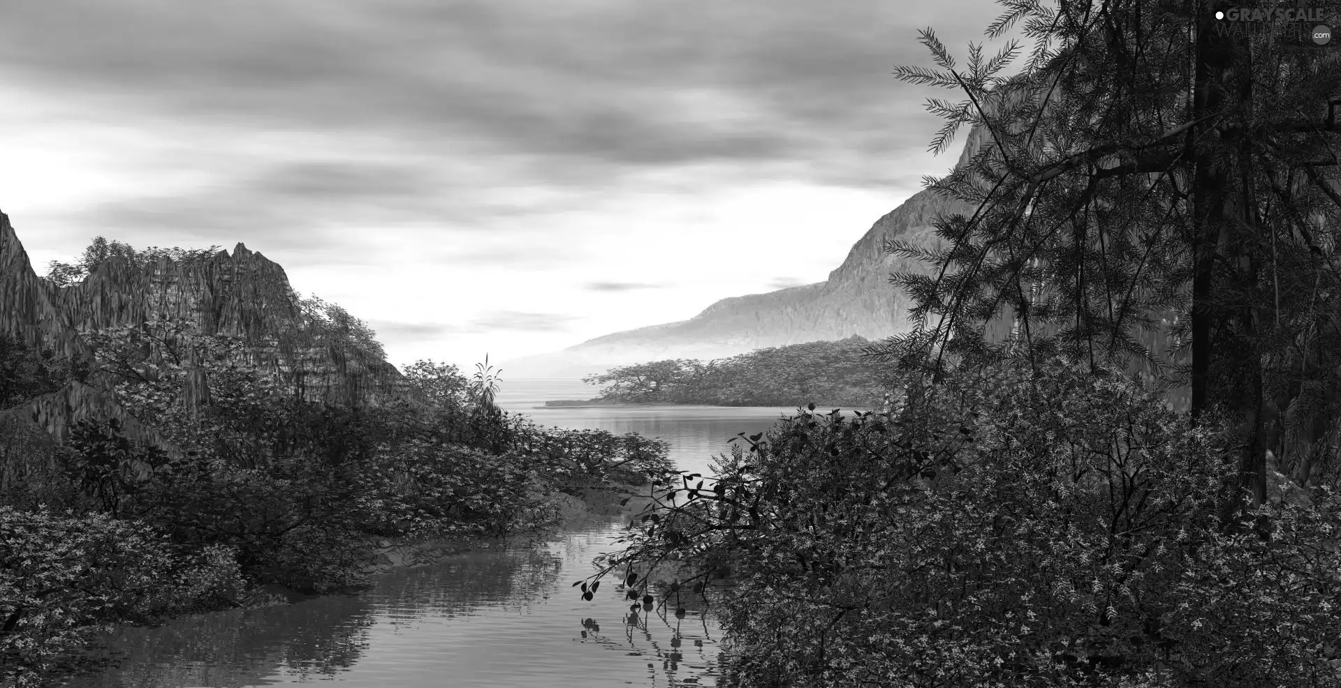 River, Bush, Mountains, flourishing