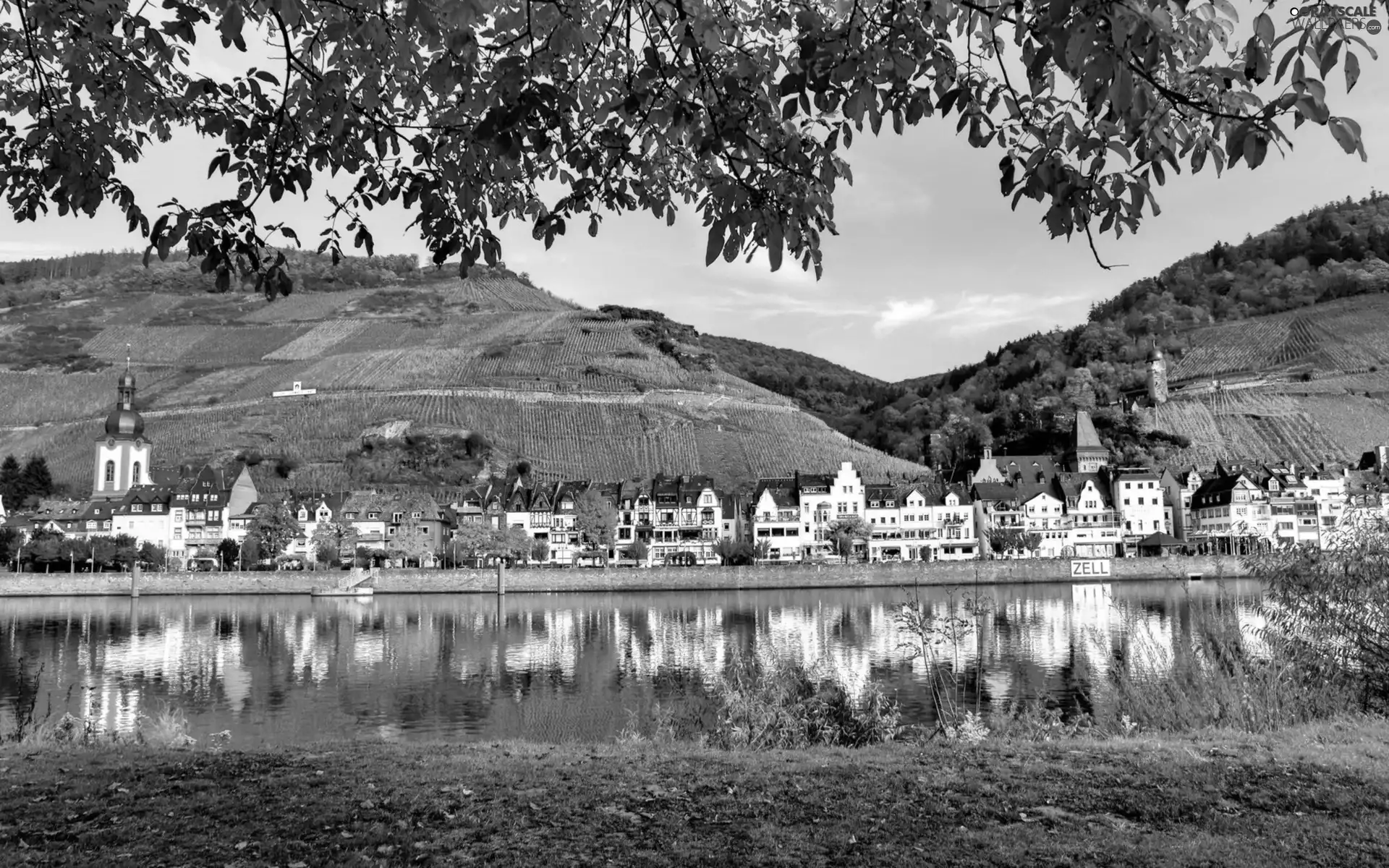 River, Church, Mountains, Houses