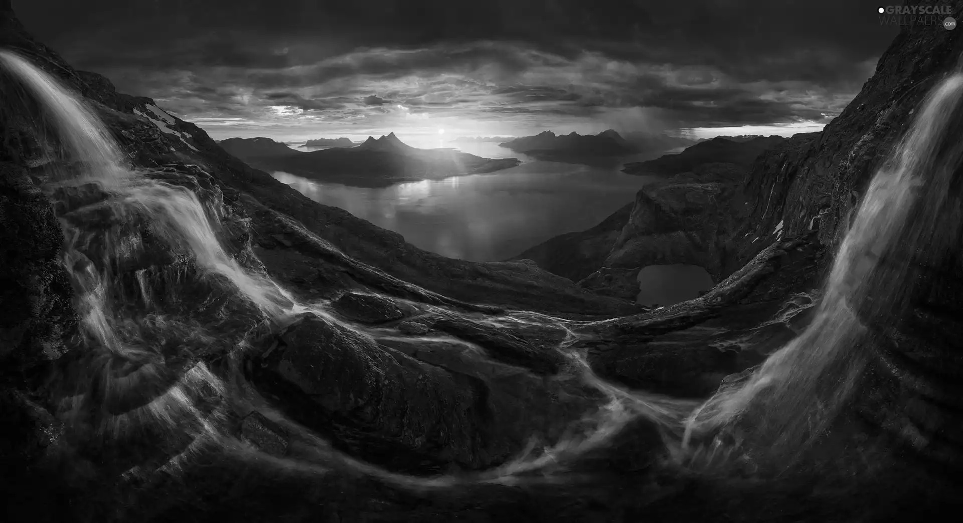 Mountains, Norway, rocks, Great Sunsets, waterfall, Lofoten