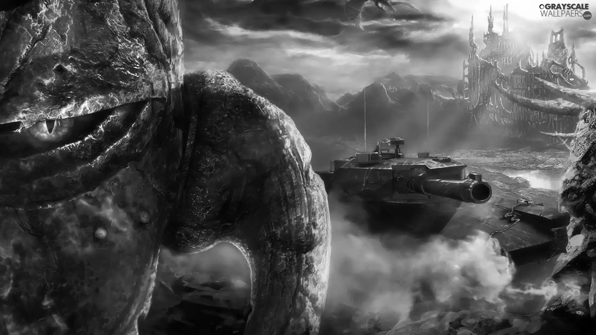 Mountains, tank, ruins