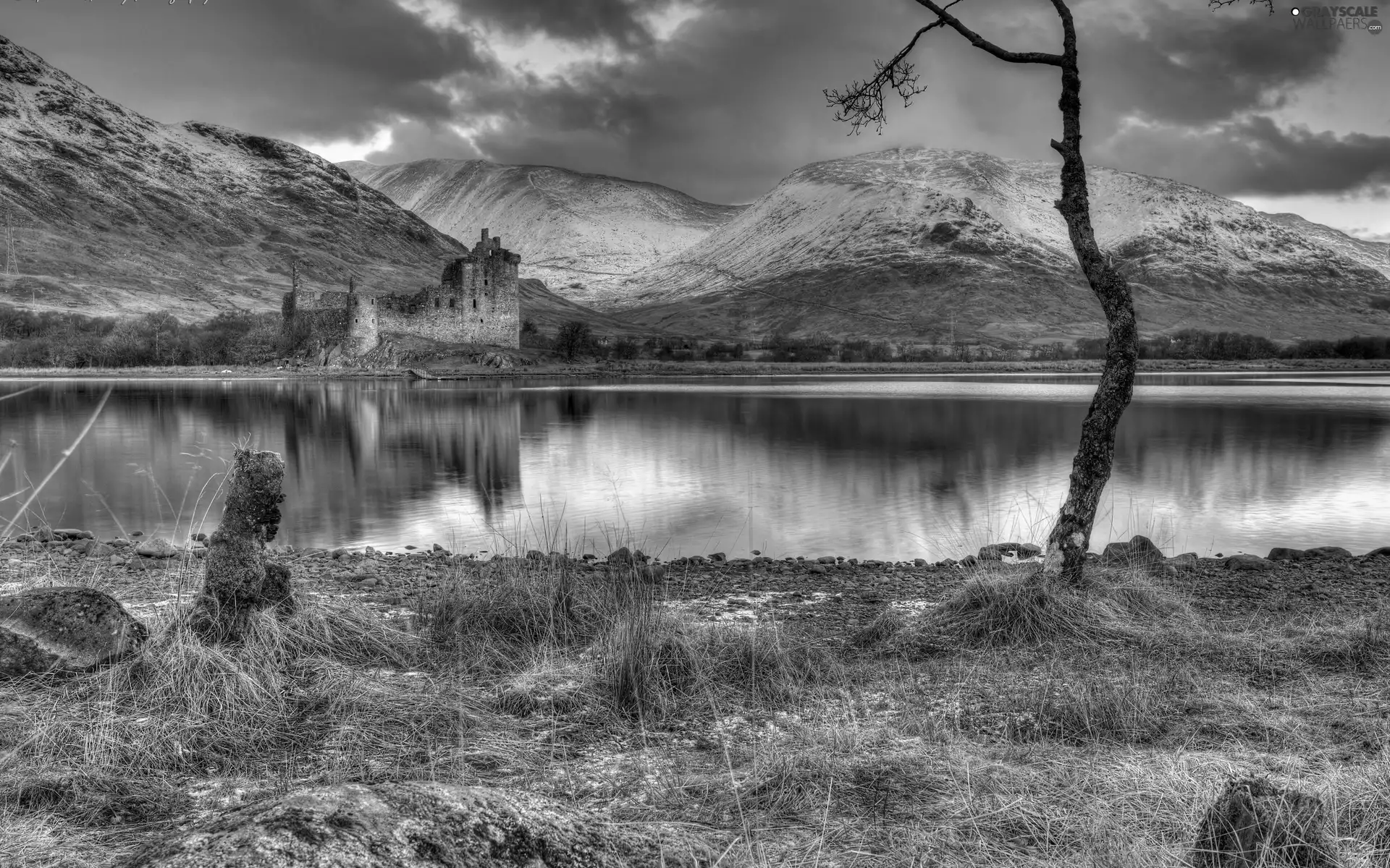 Scotland, lake, Mountains, Castle