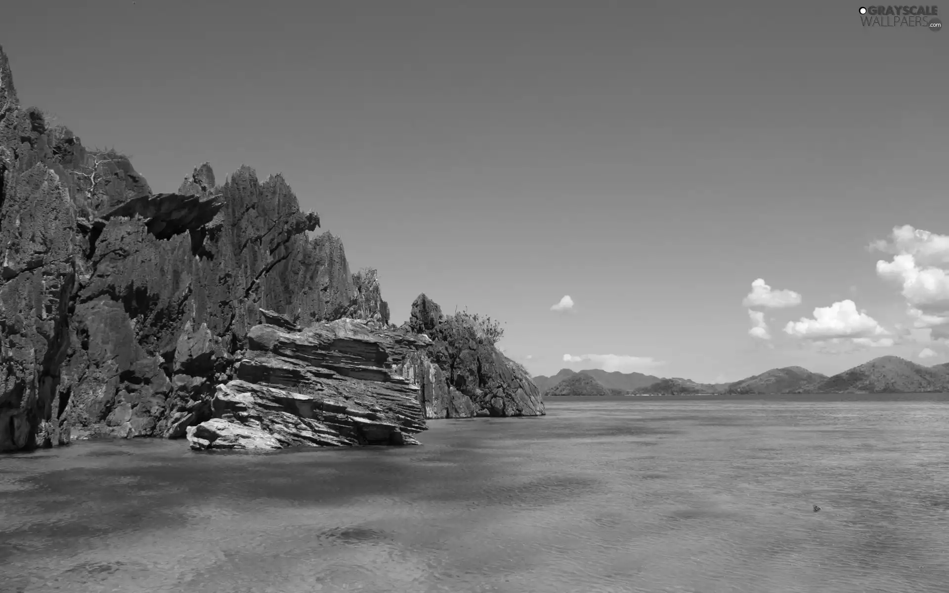 sea, rocks, Mountains, Waves