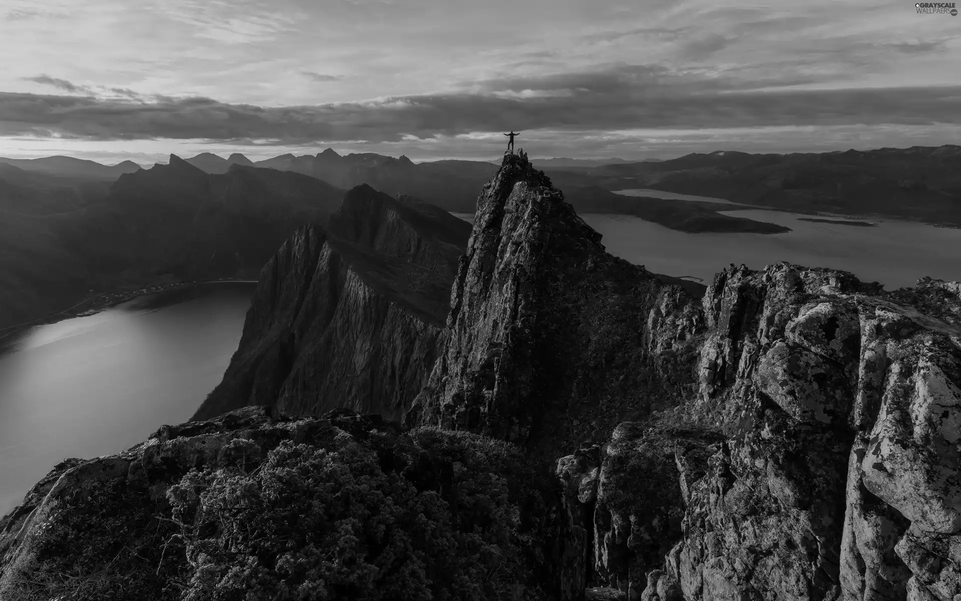 peaks, Norway, Senja Island, Norwegian Sea, rocks, Mountains