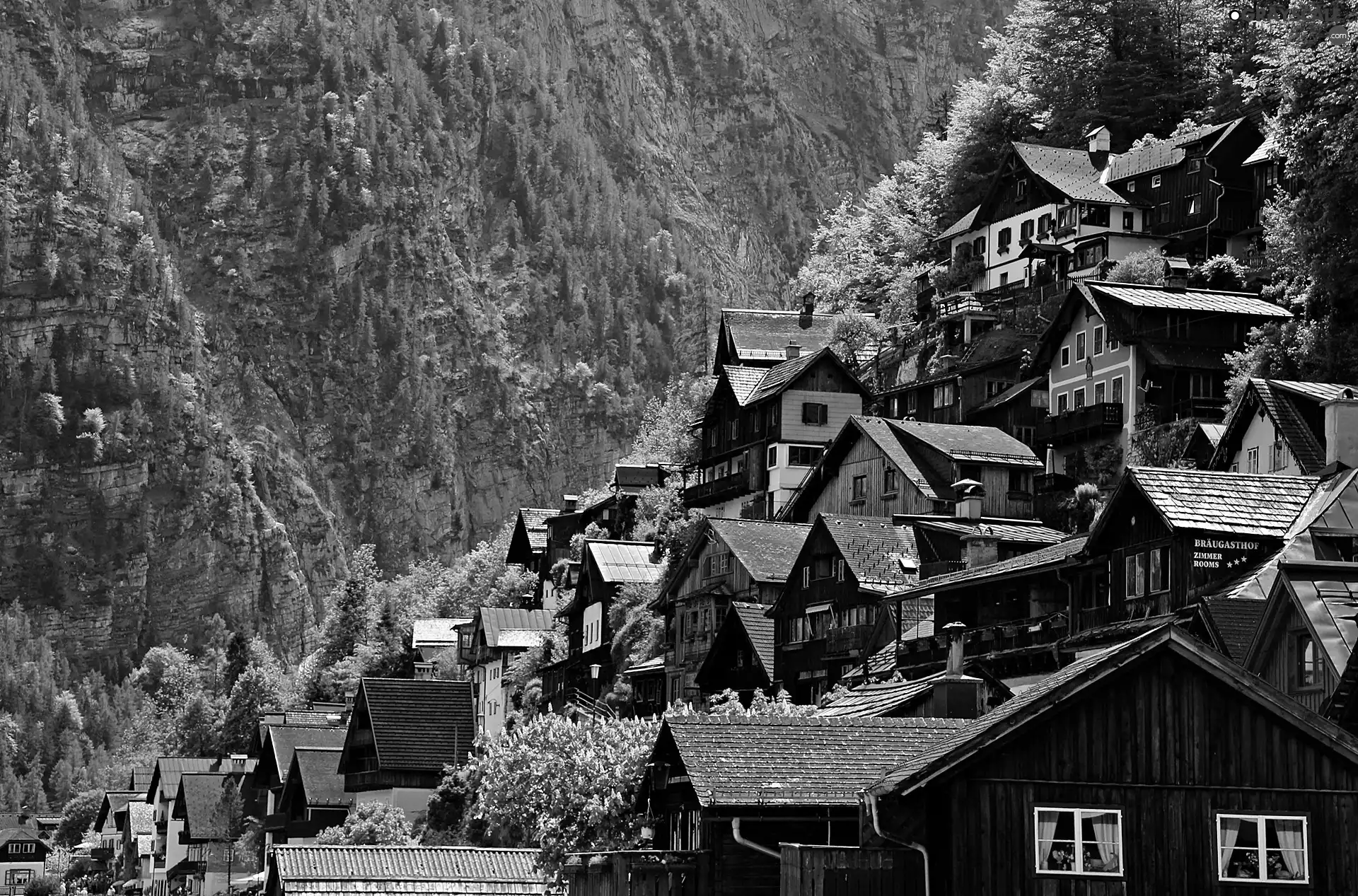 Mountains, Hill-side, Austria, Houses, Hallstatt