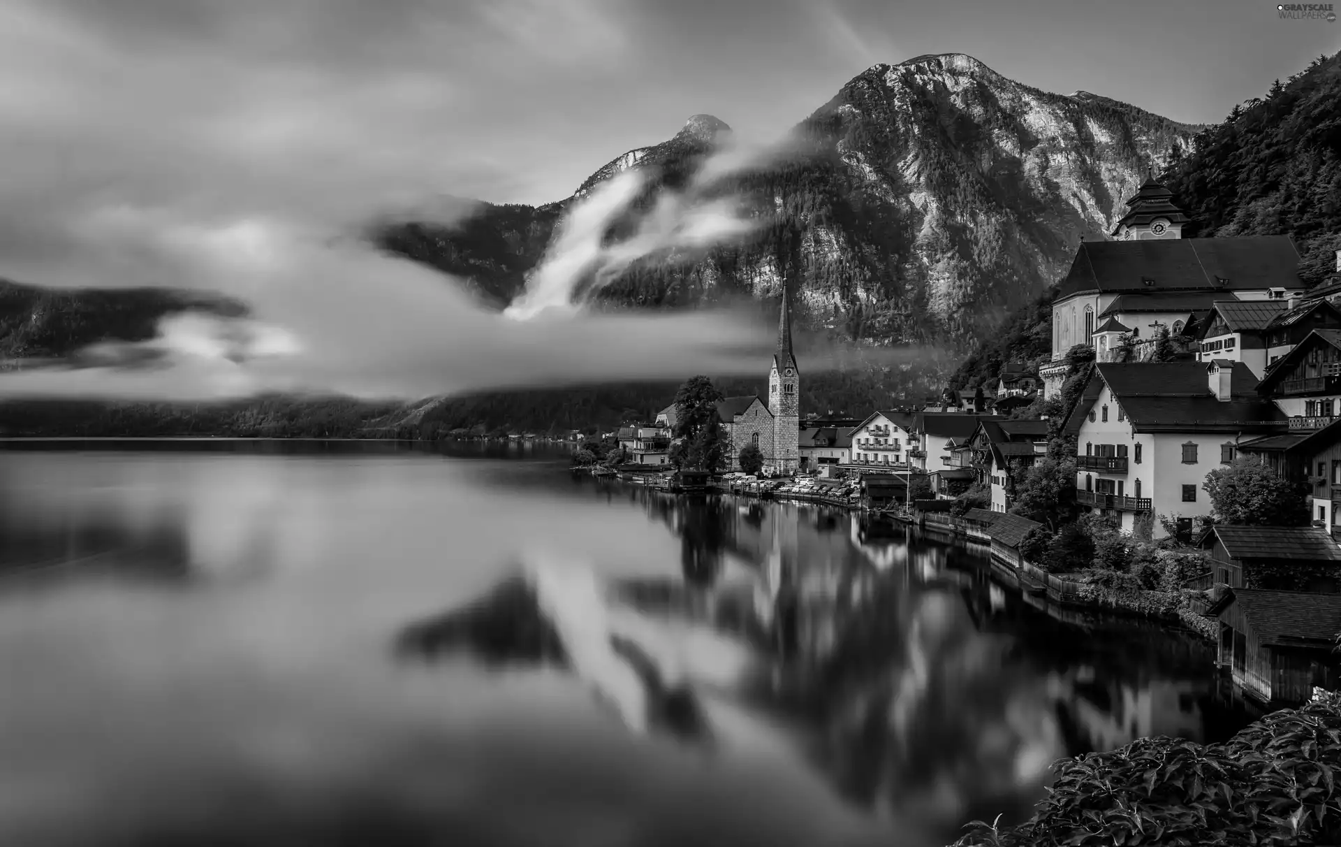 Mountains, Hallstatt, Houses, lake, Austria, Salzburg Slate Alps, reflection