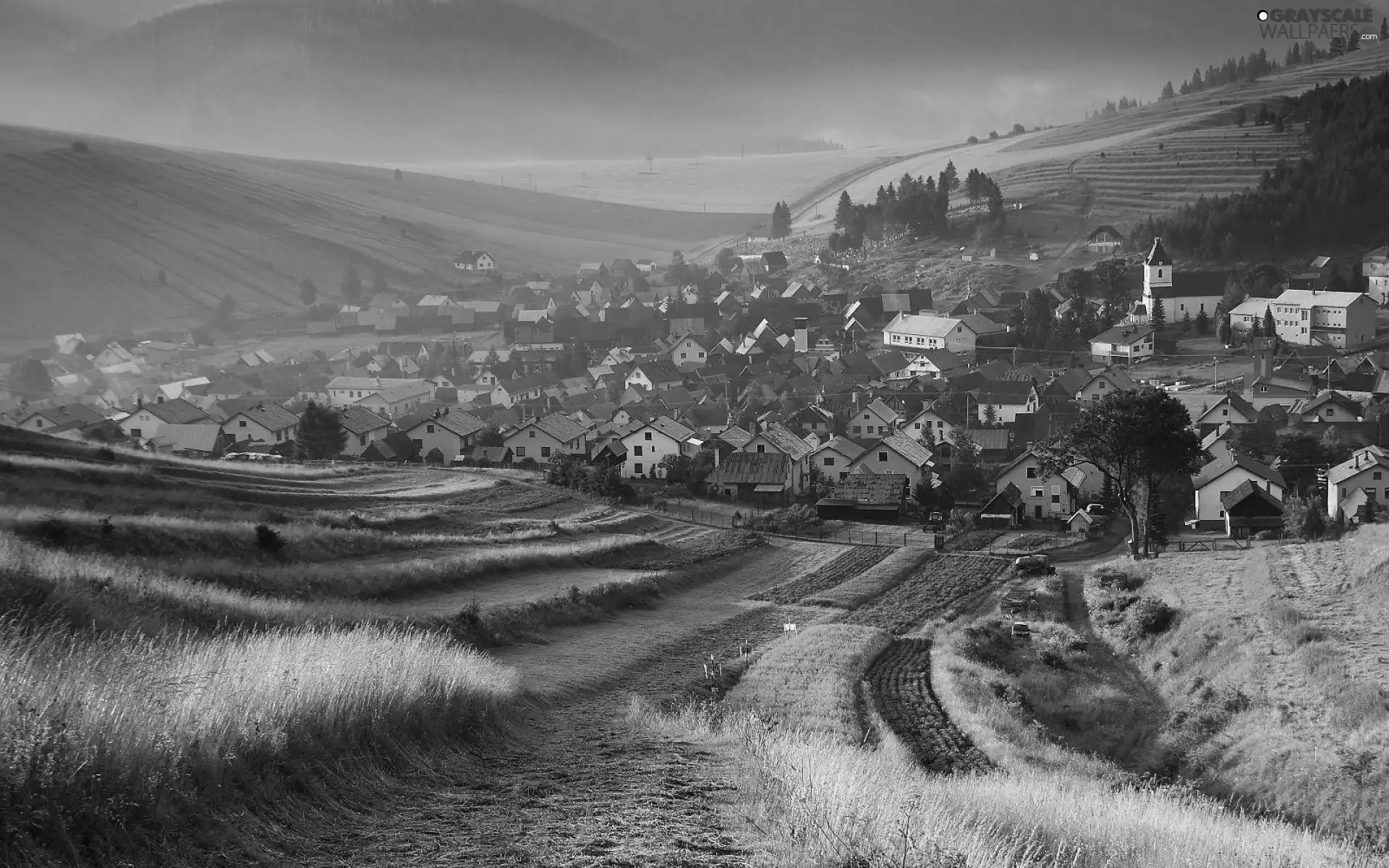 Mountains, Slovakia, medows, Town, field