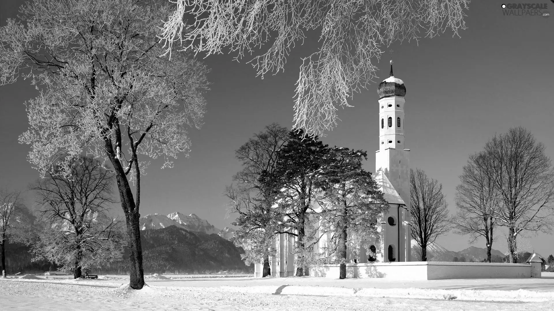 Mountains, snow, viewes, Church, trees