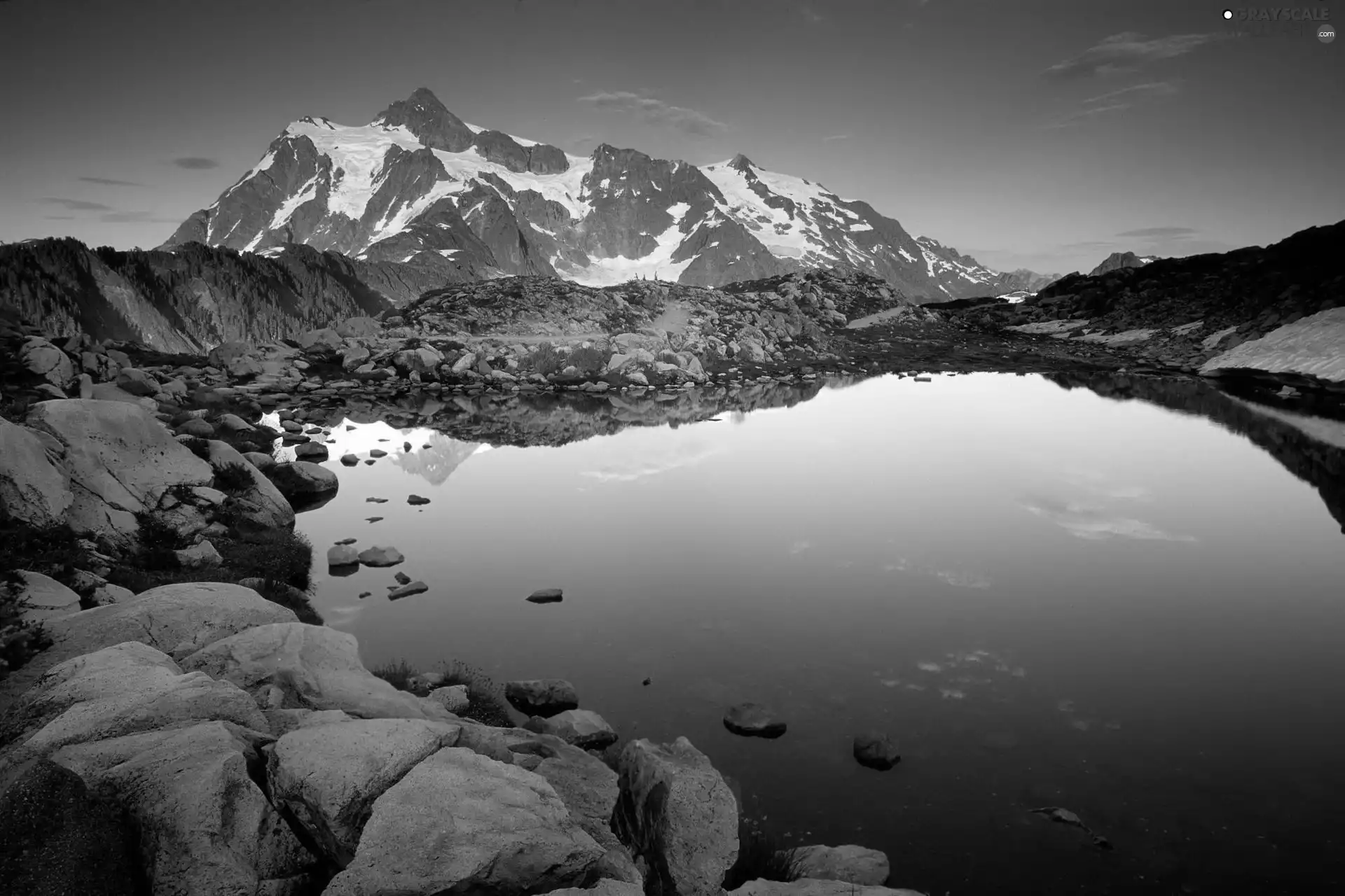 Mountains, lake, Stones