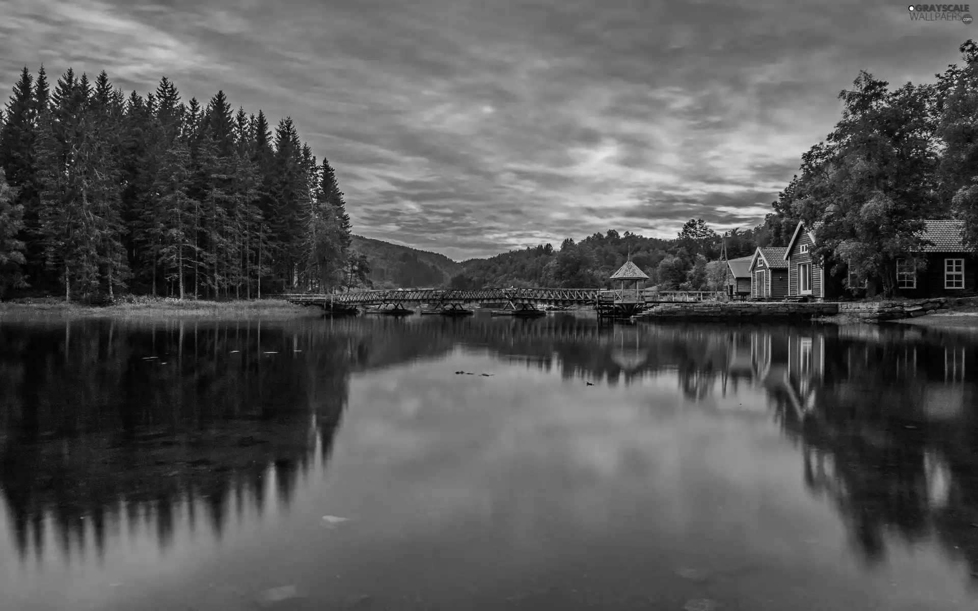 woods, bridge, west, Houses, River, Mountains, sun