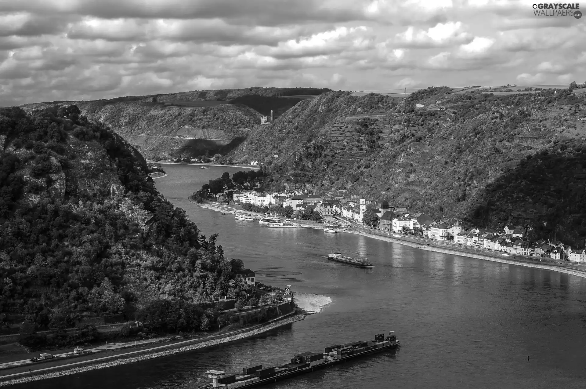 Boats, River, Mountains, Town, motorboat, Barges