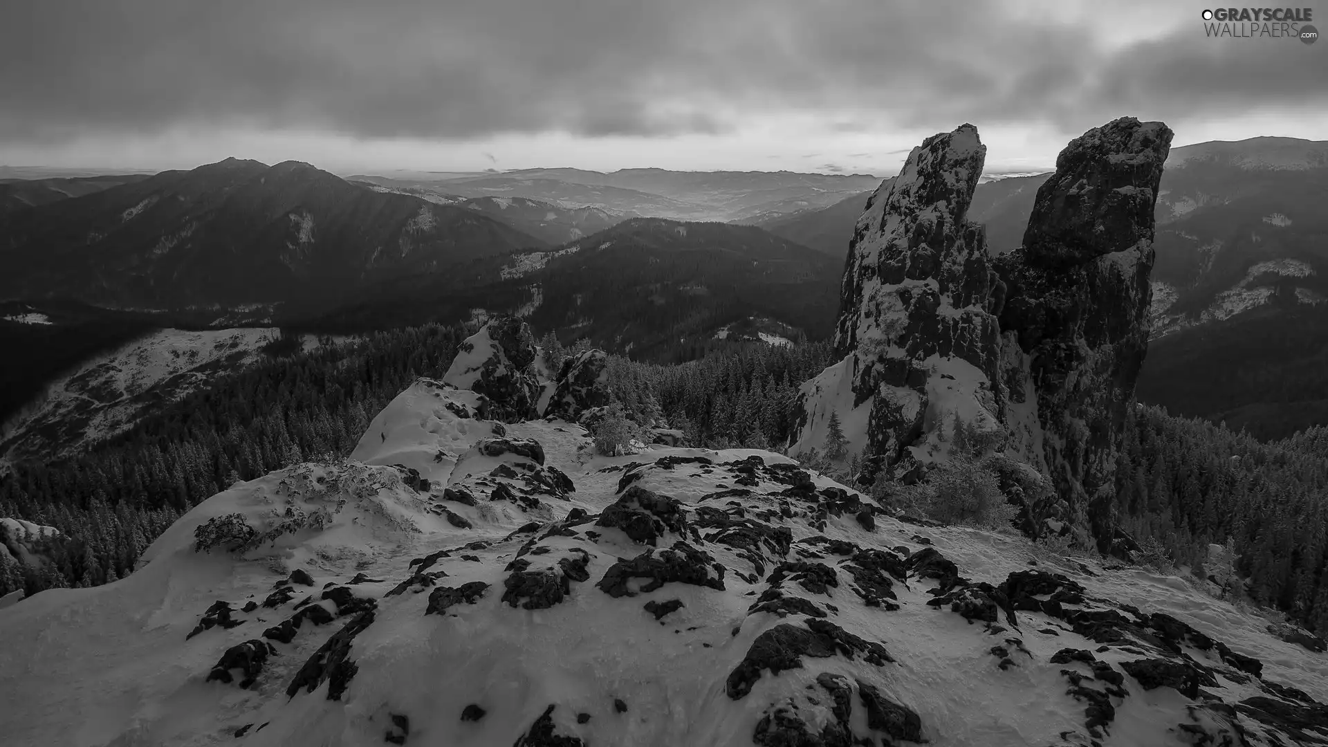 Snowy, winter, trees, Mountains, Sunrise, rocks, viewes