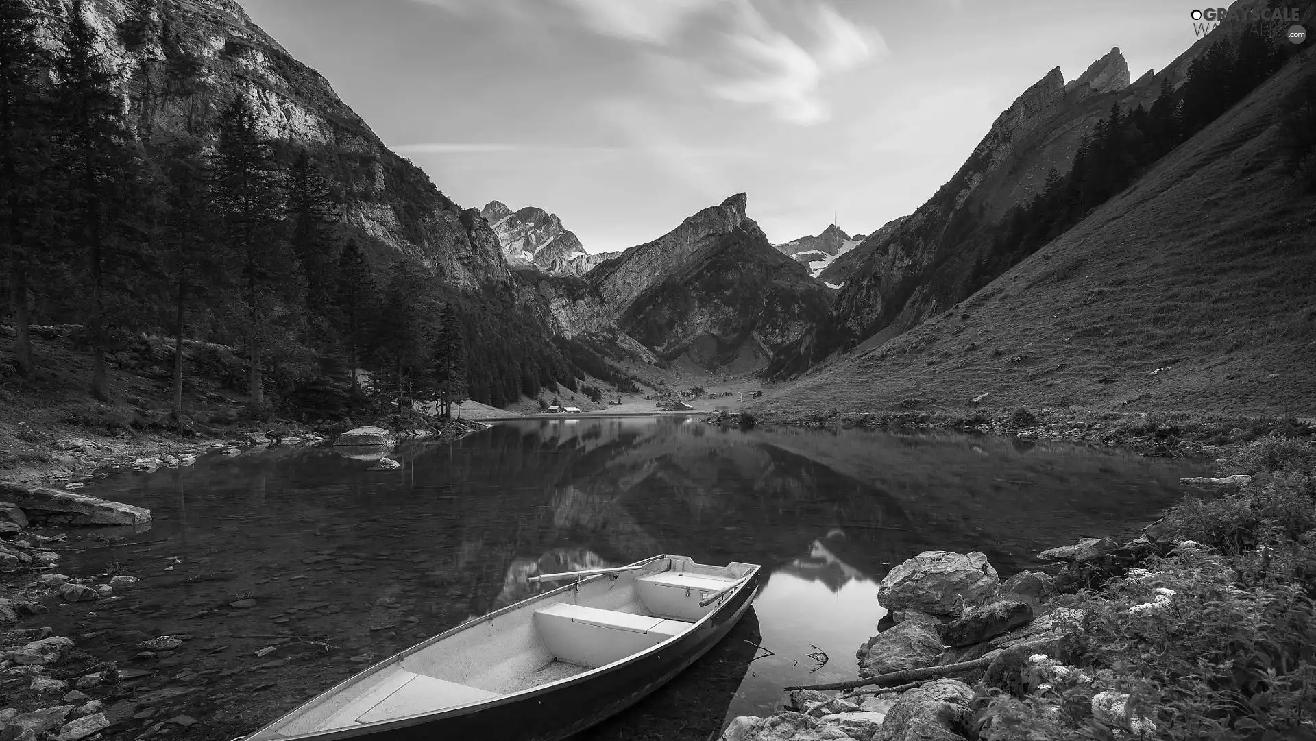 Mountains, Switzerland, Alps, Seealpsee Lake, Boat, Houses, trees, viewes, Stones