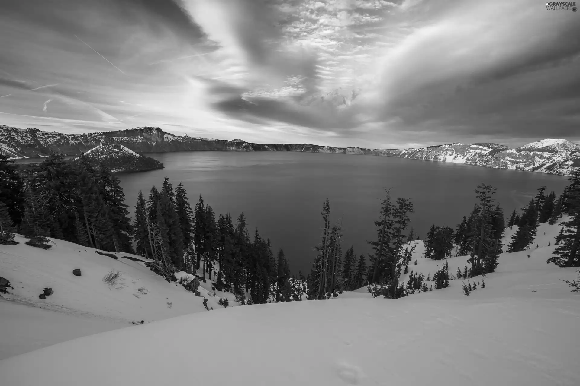 lake, snow, trees, Sunrise, winter, Mountains, viewes