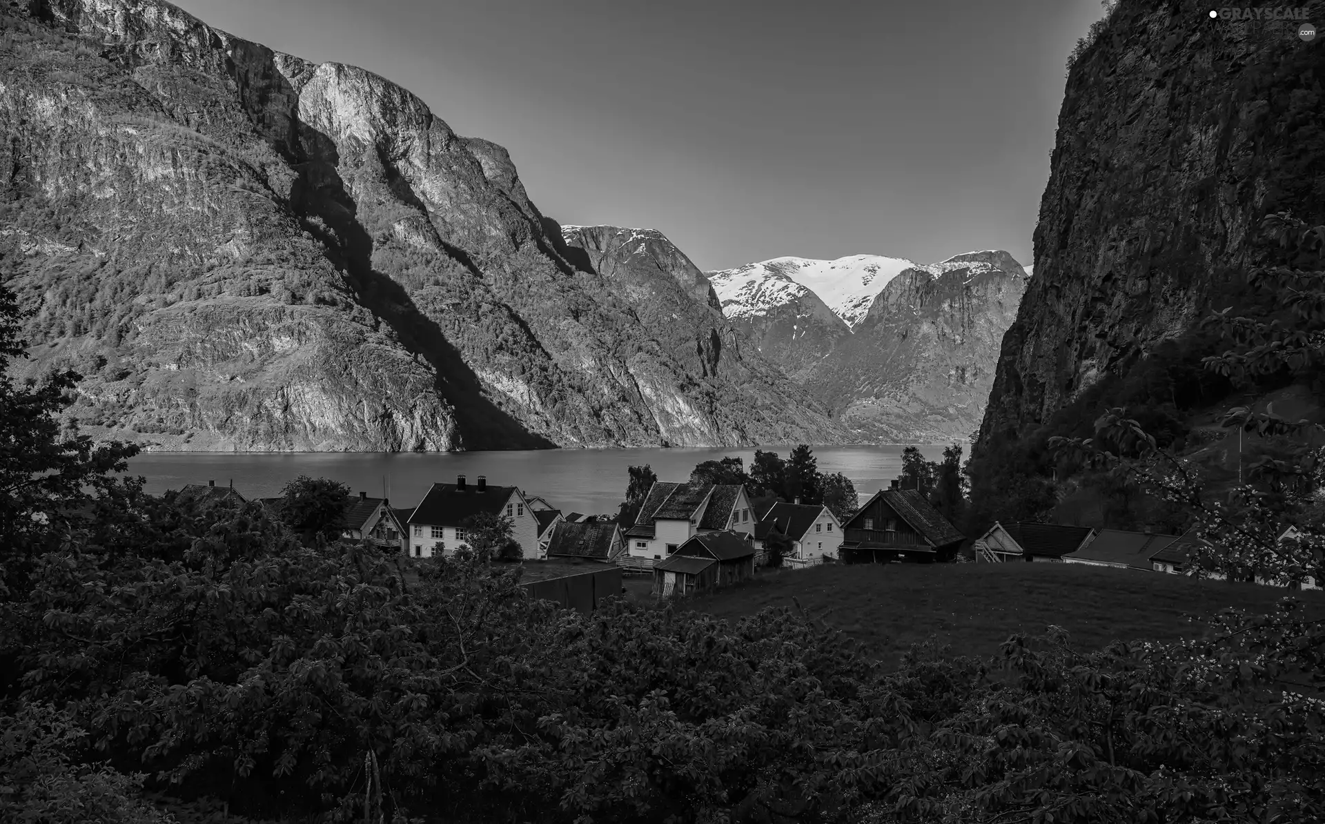 lake, Mountains, viewes, Houses, trees
