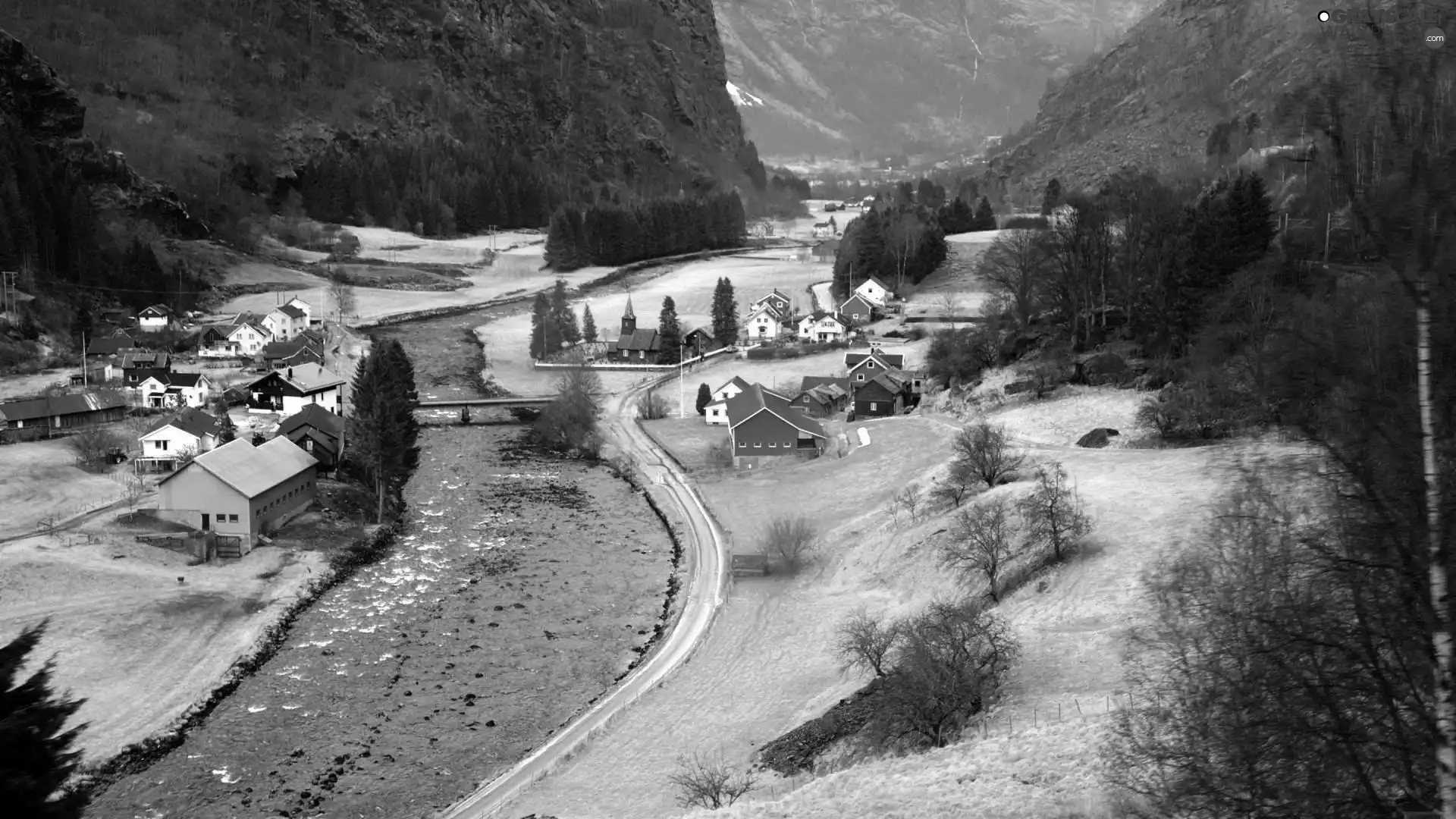 village, river, Mountains, by