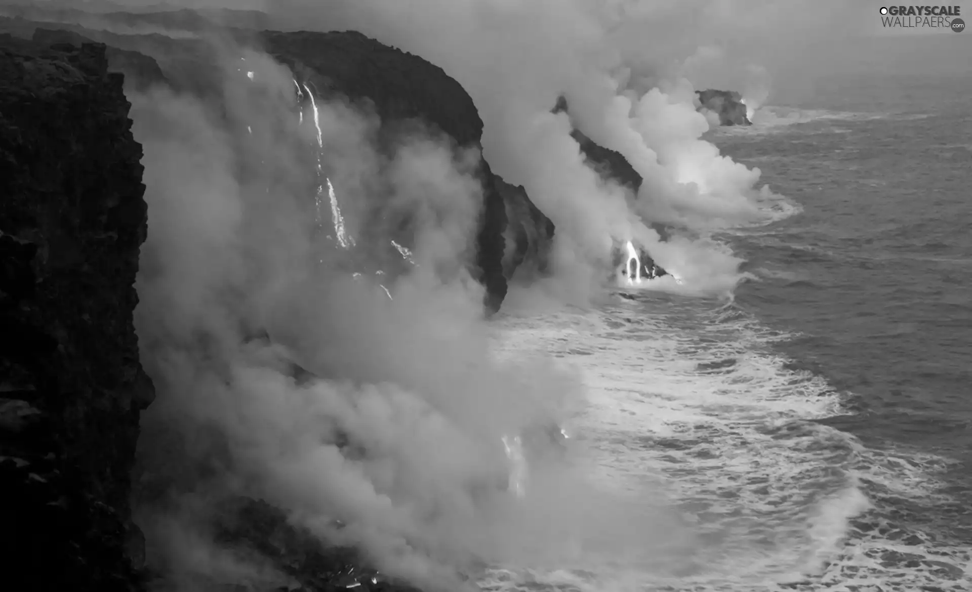 volcano, sea, Mountains, Lava