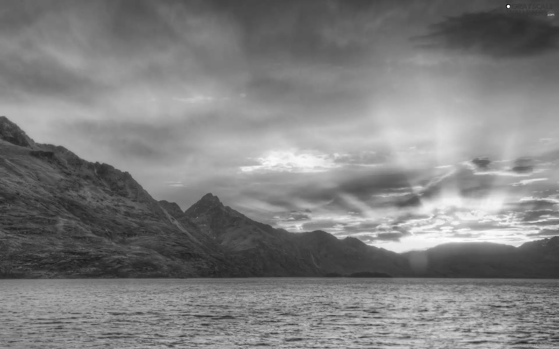 Mountains, water, west, sun, Golden