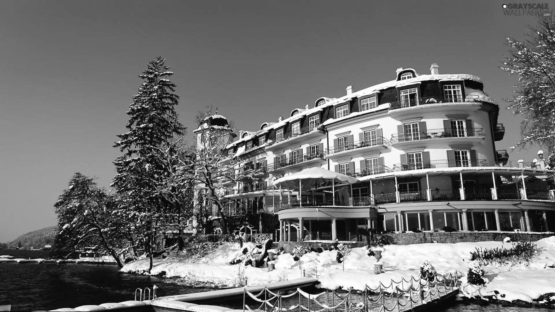 Mountains, winter, River, bridge, Hotel hall