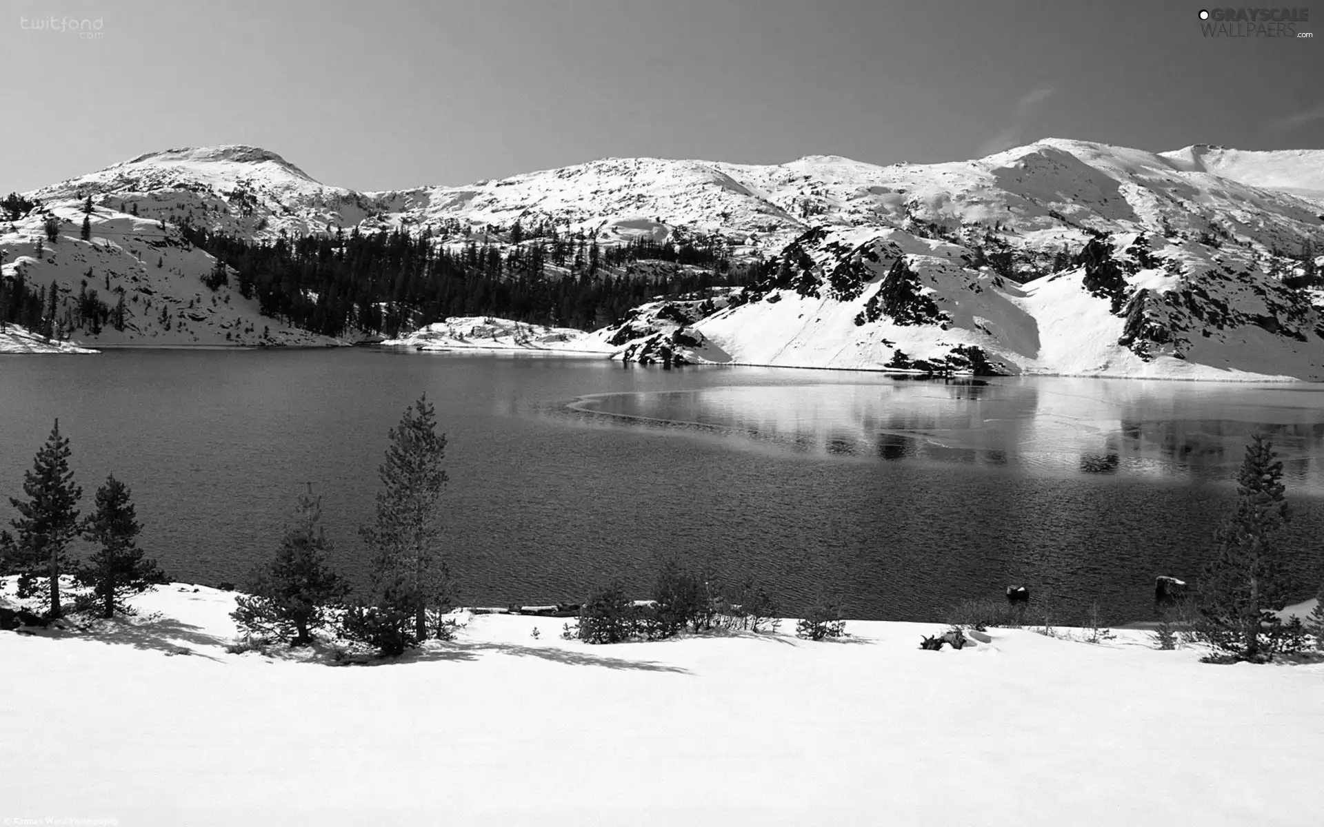 Mountains, winter, trees, viewes, River