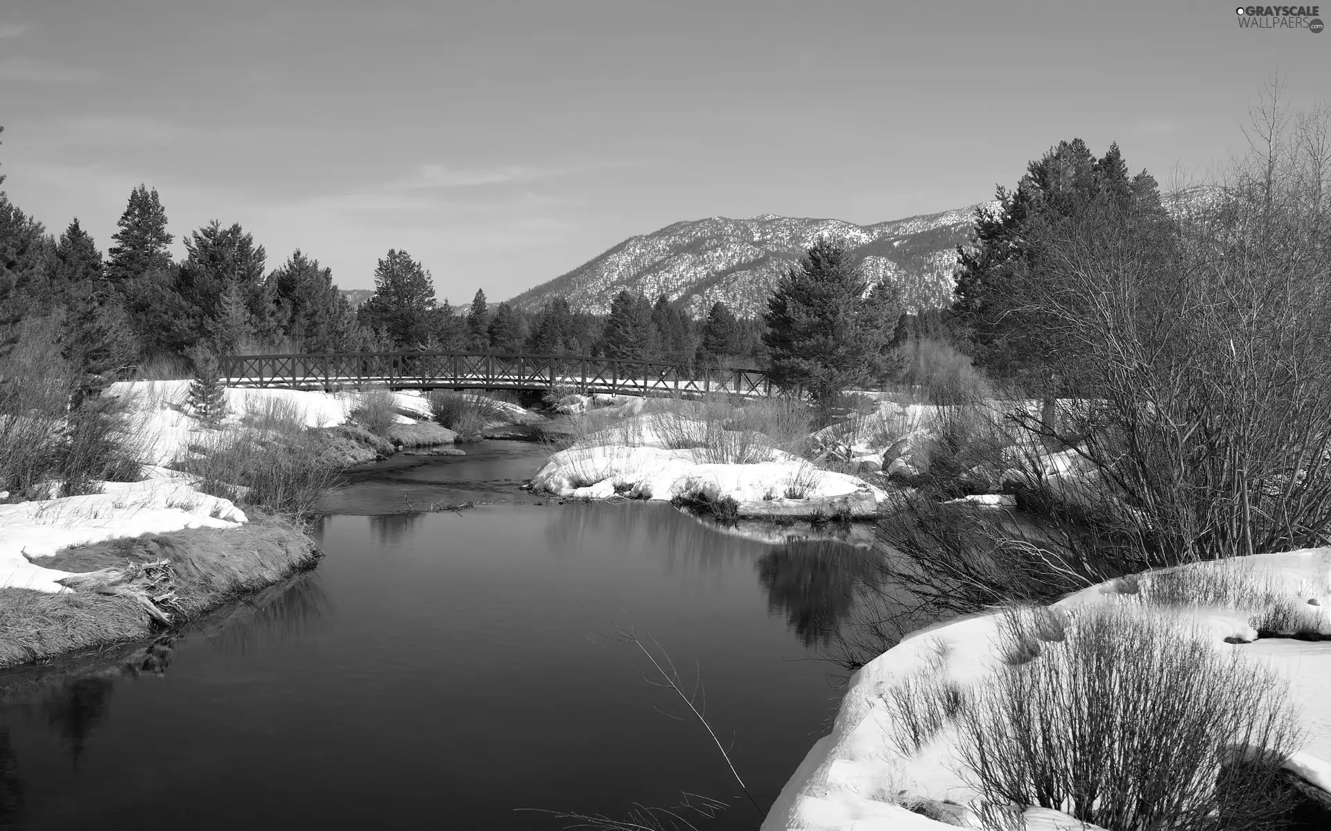 Mountains, winter, bridge, woods, River