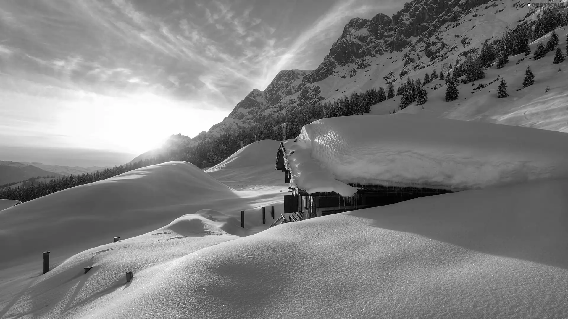 snowy, the roof, Mountains, house, winter