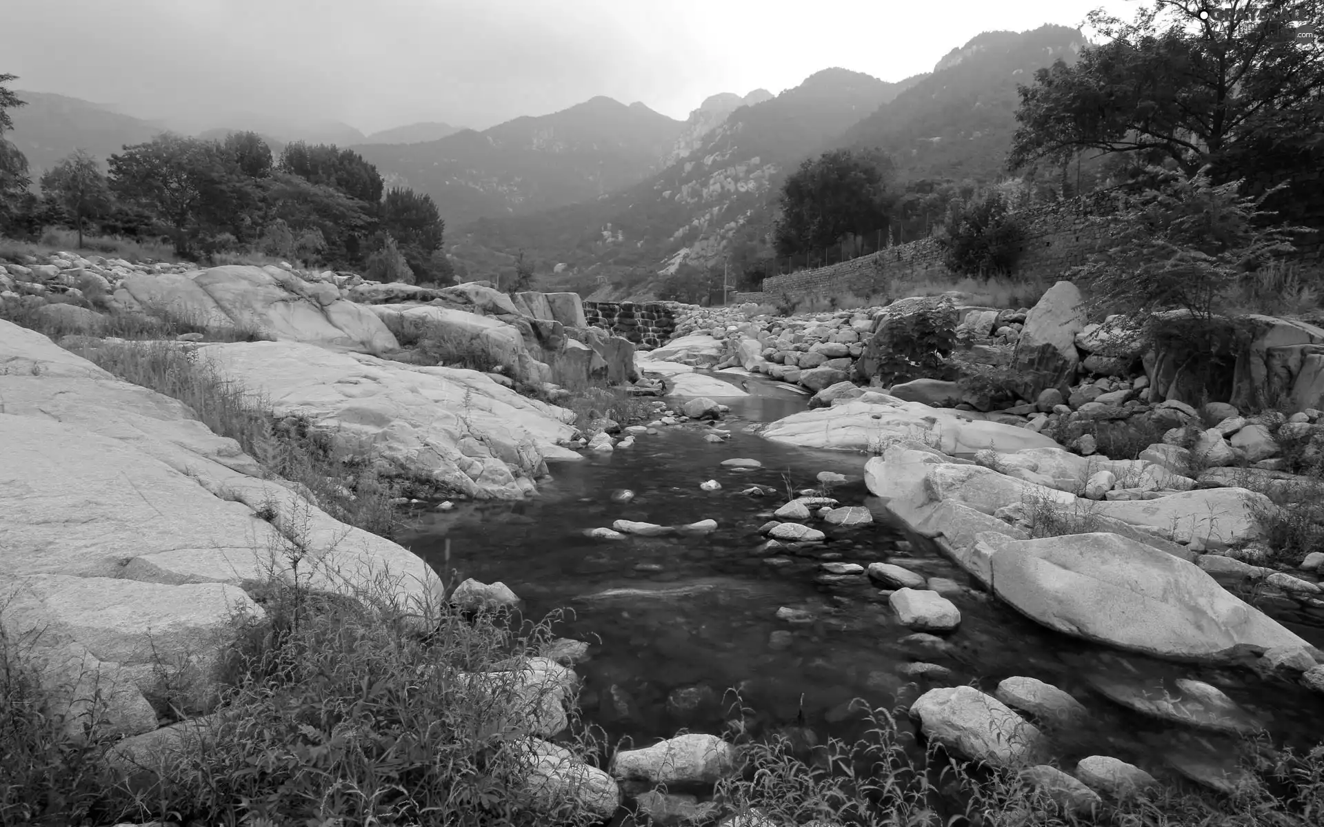 Mountains, woods, dike, Stones, River