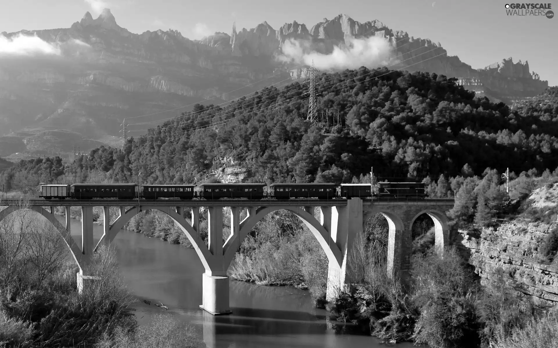 Mountains, woods, bridge, Train, River
