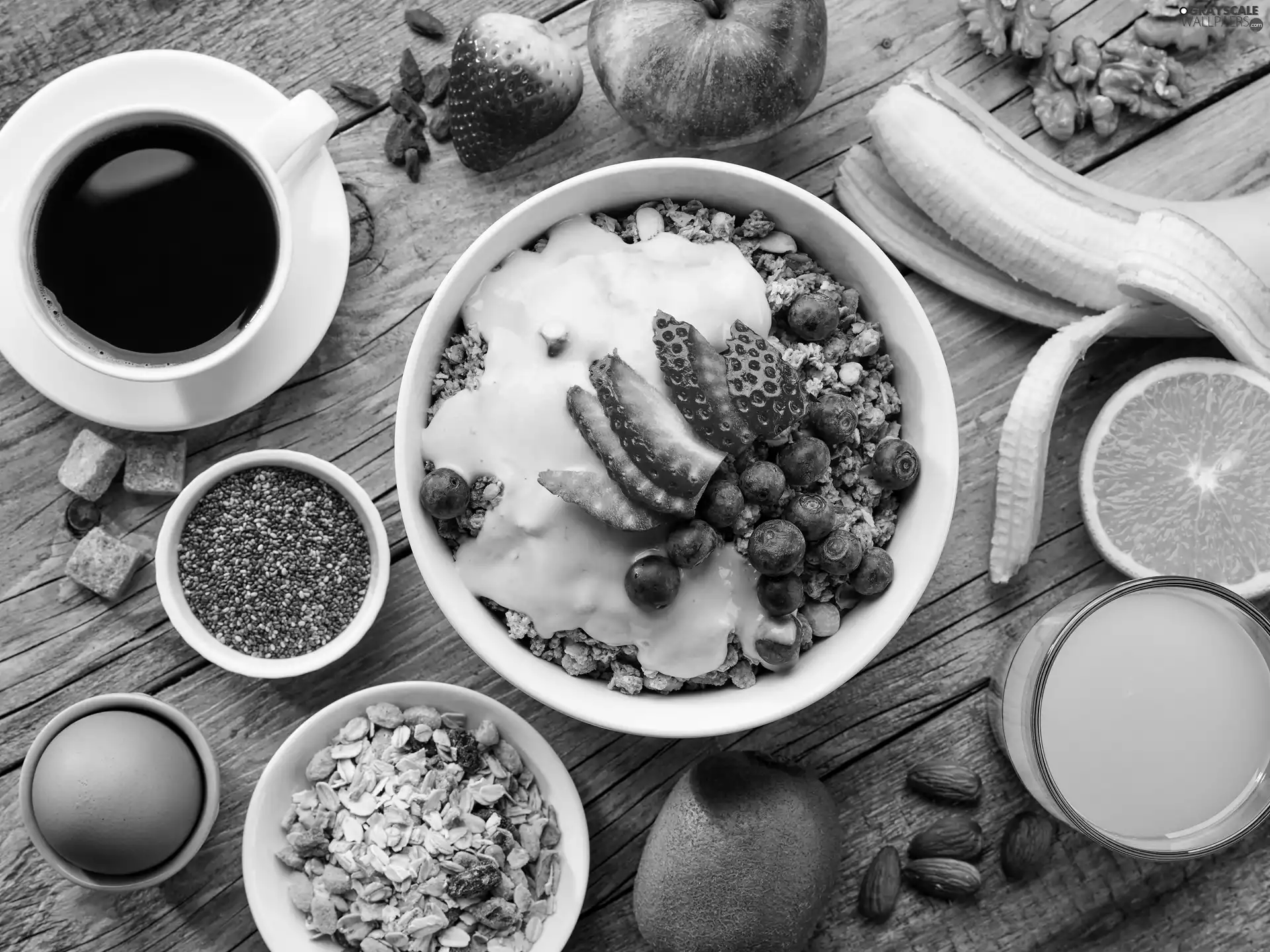 cup, Fruits, Bowls, nuts, oatmeal, coffee, breakfast, Muesli