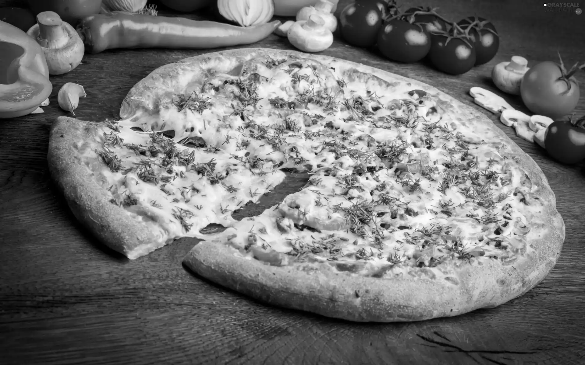 pizza, tomatoes, Dill, Mushrooms