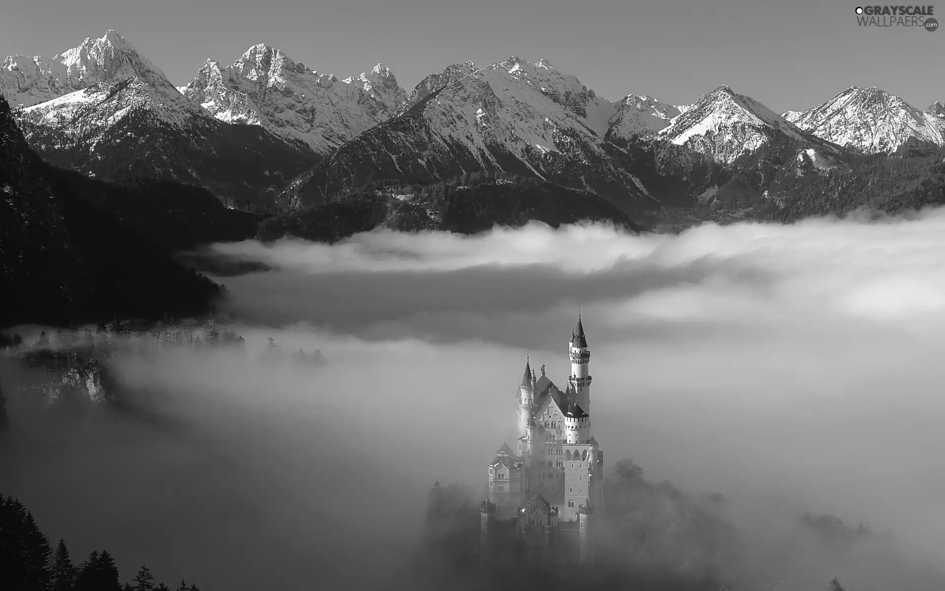 Neuschwanstein, Fog, winter, Castle, Mountains