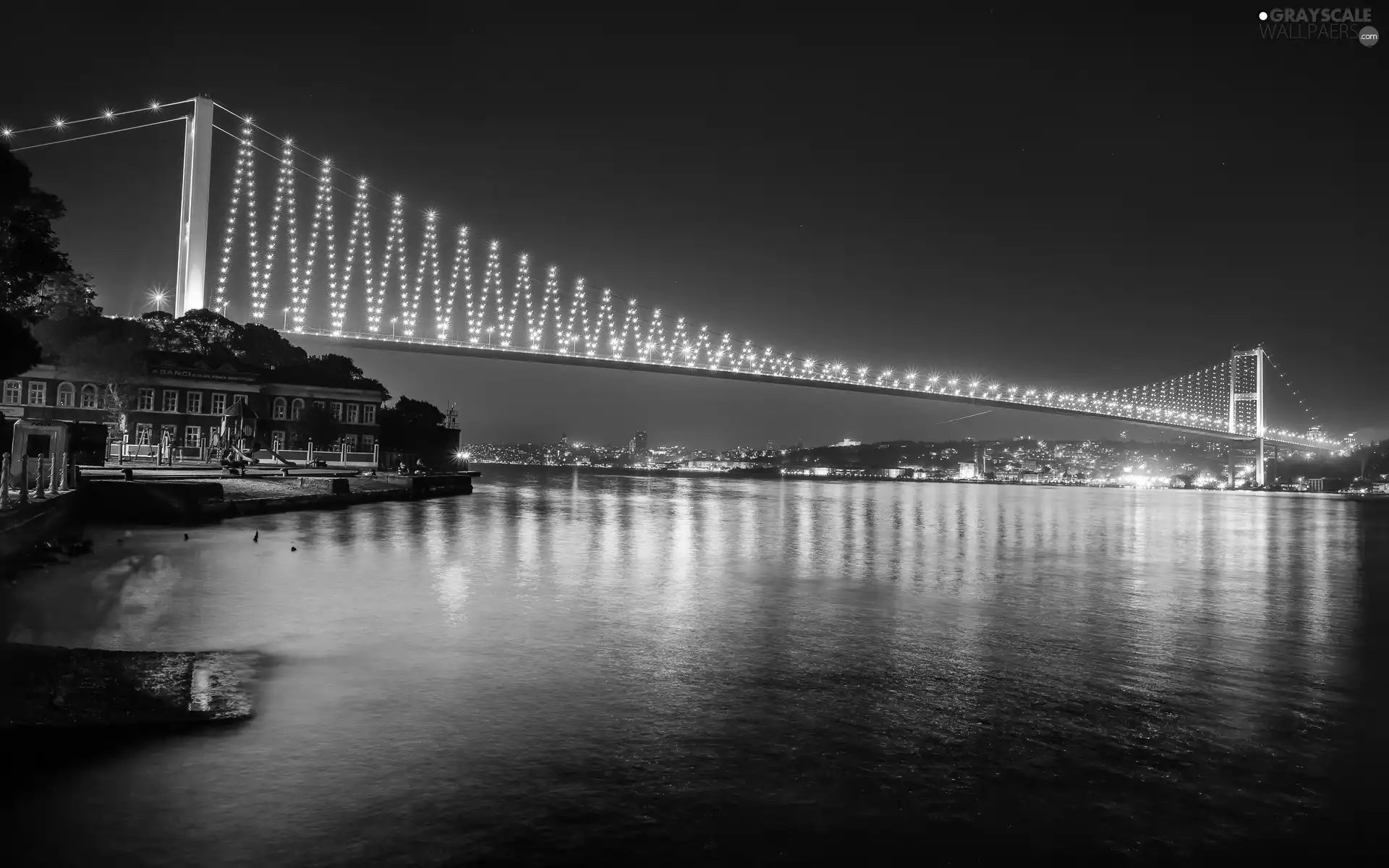 bridge, Night, Turkey, panorama, Istanbul, Floodlit, River, town