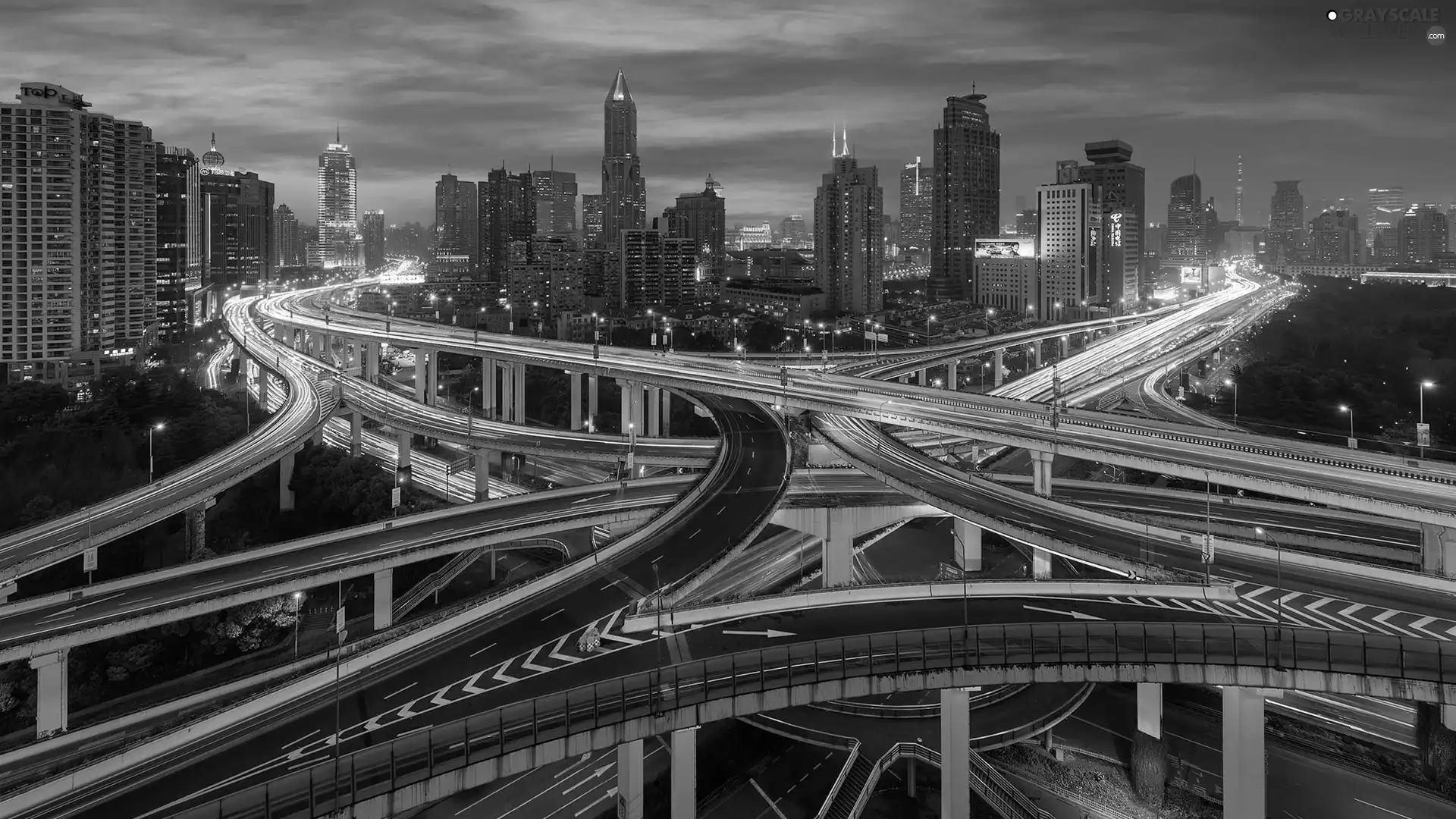 Houses, skyscrapers, clouds, roads, light, Szanghaj, China, Night