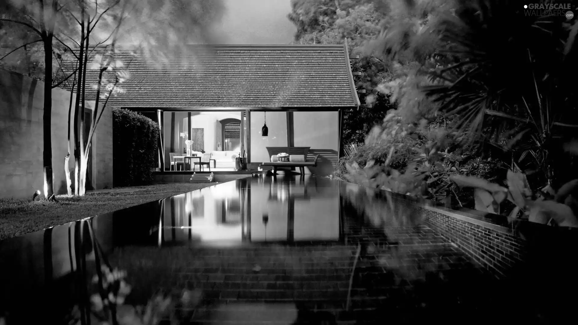 house, reflection, Night, Pool