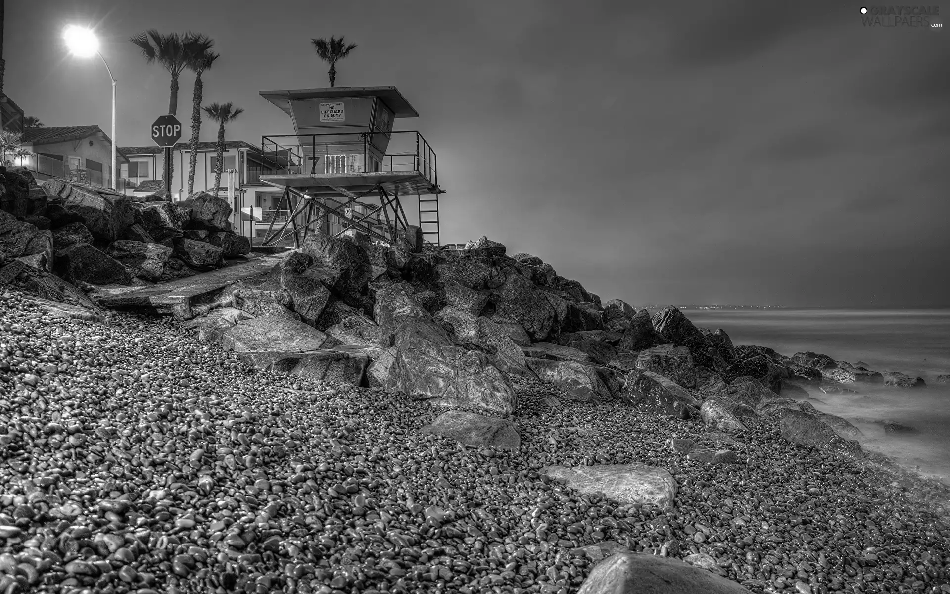 Lighthouse, Night, Houses, Stones, sea