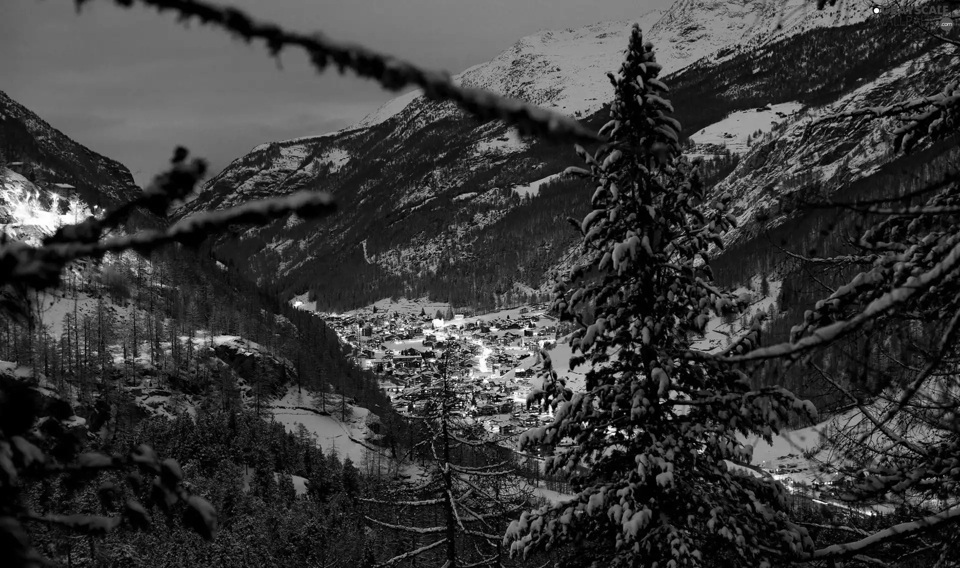 Switzerland, Mountains, Night, Houses, winter, Alps