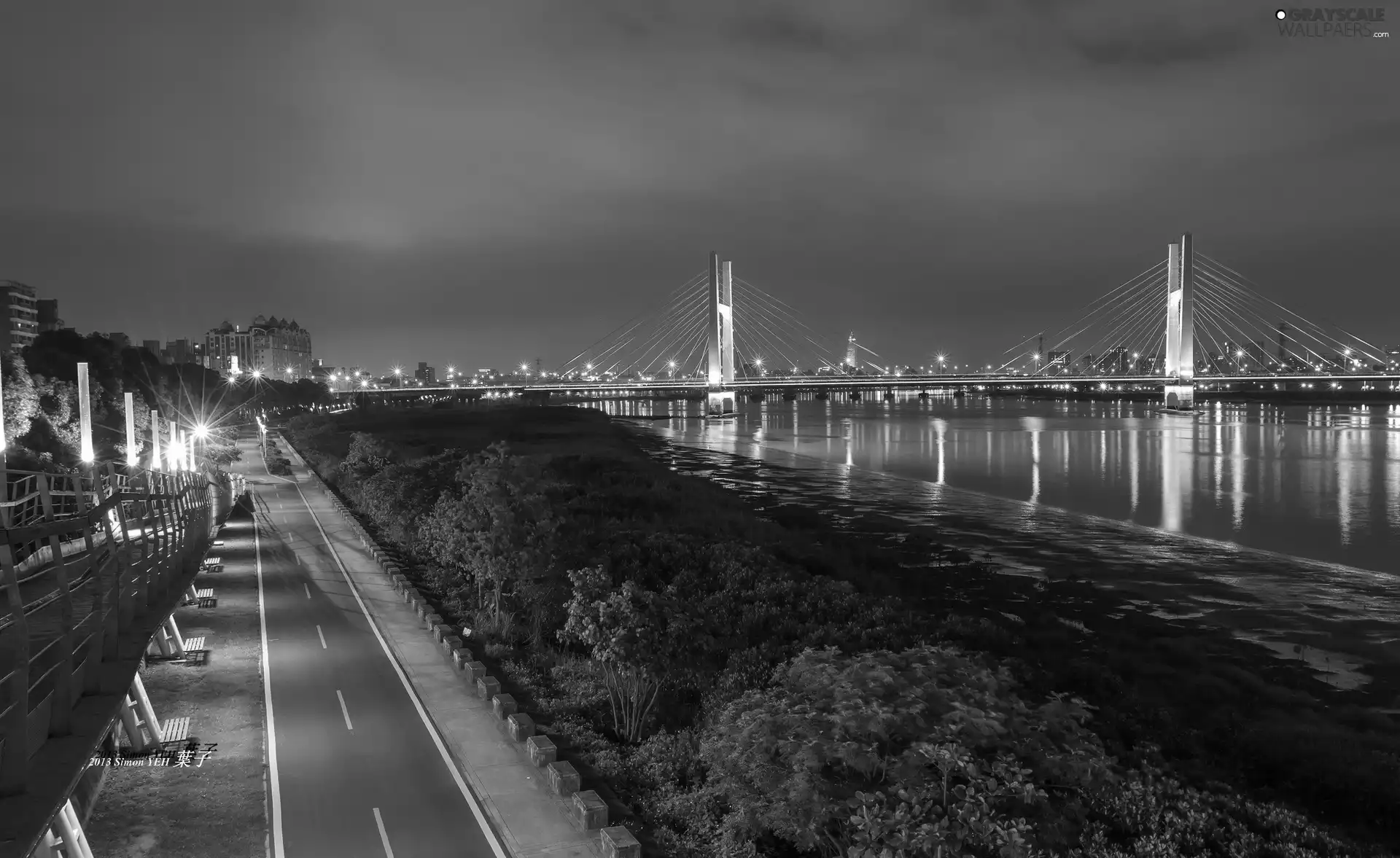 Night, light, bridge, Town, River
