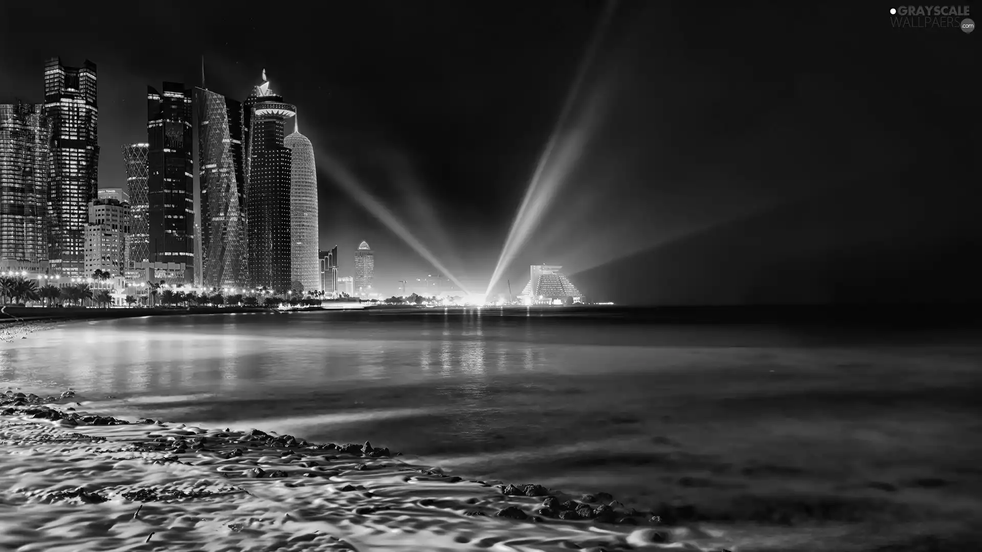 Night, lighting, clouds, sea, skyscrapers