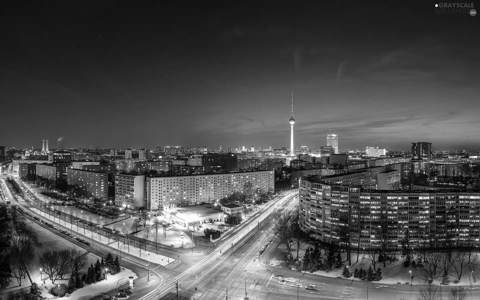 Streets, tower, Night, panorama, Berlin, Houses