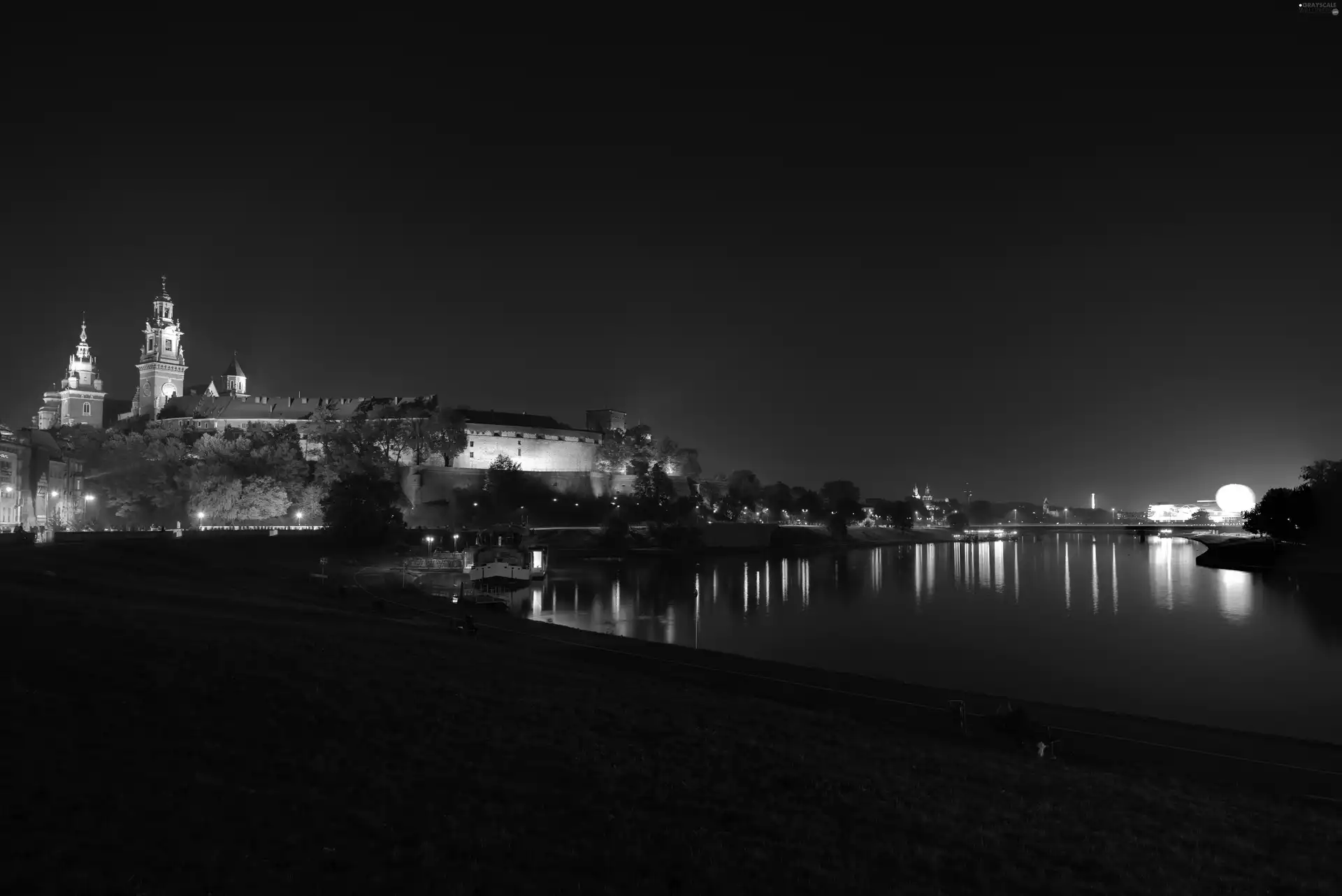 Wawel Royal Castle, Poland, Vistula river, Night, Wawel, Kraków