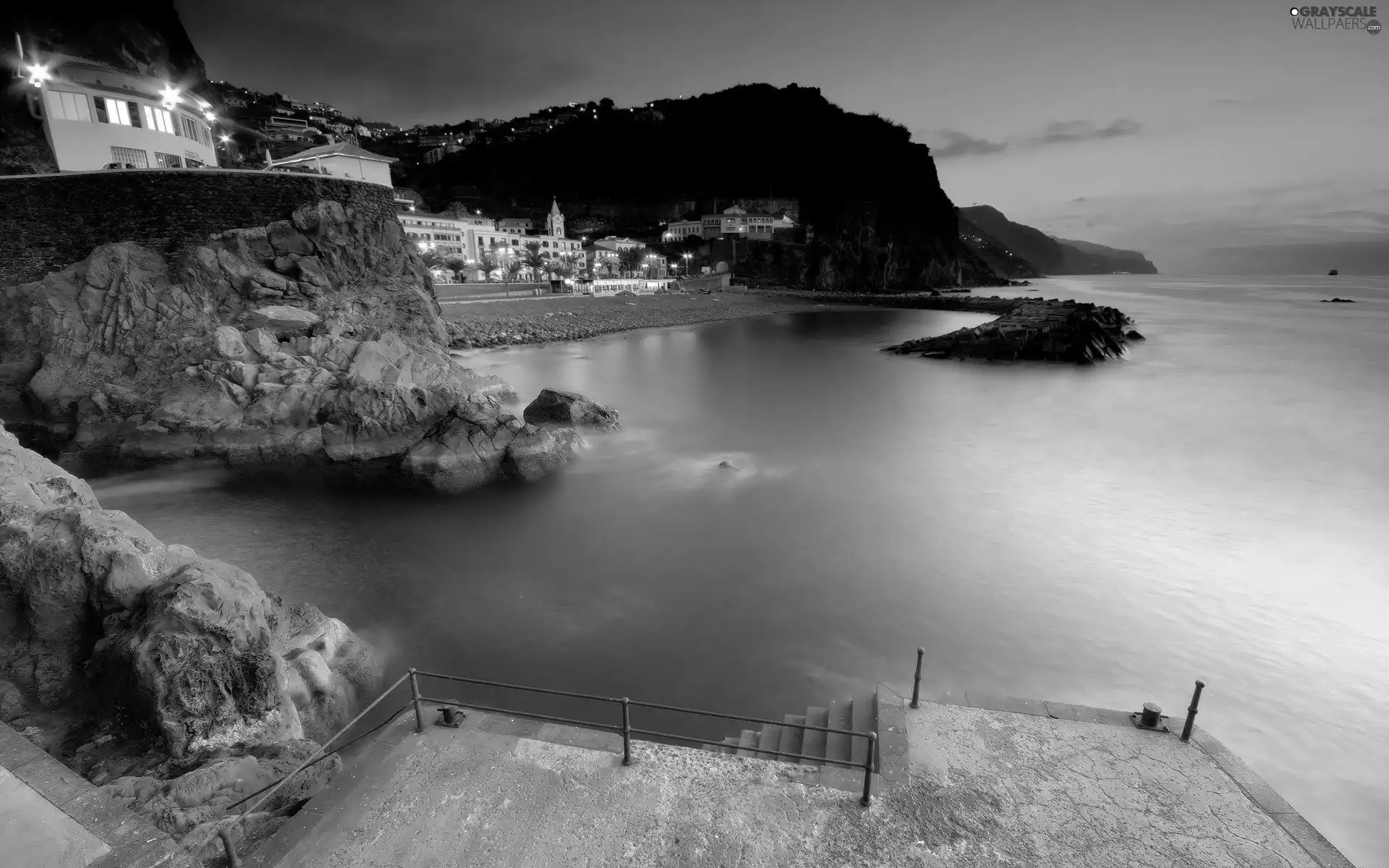 sea, Hotel hall, Night, rocks