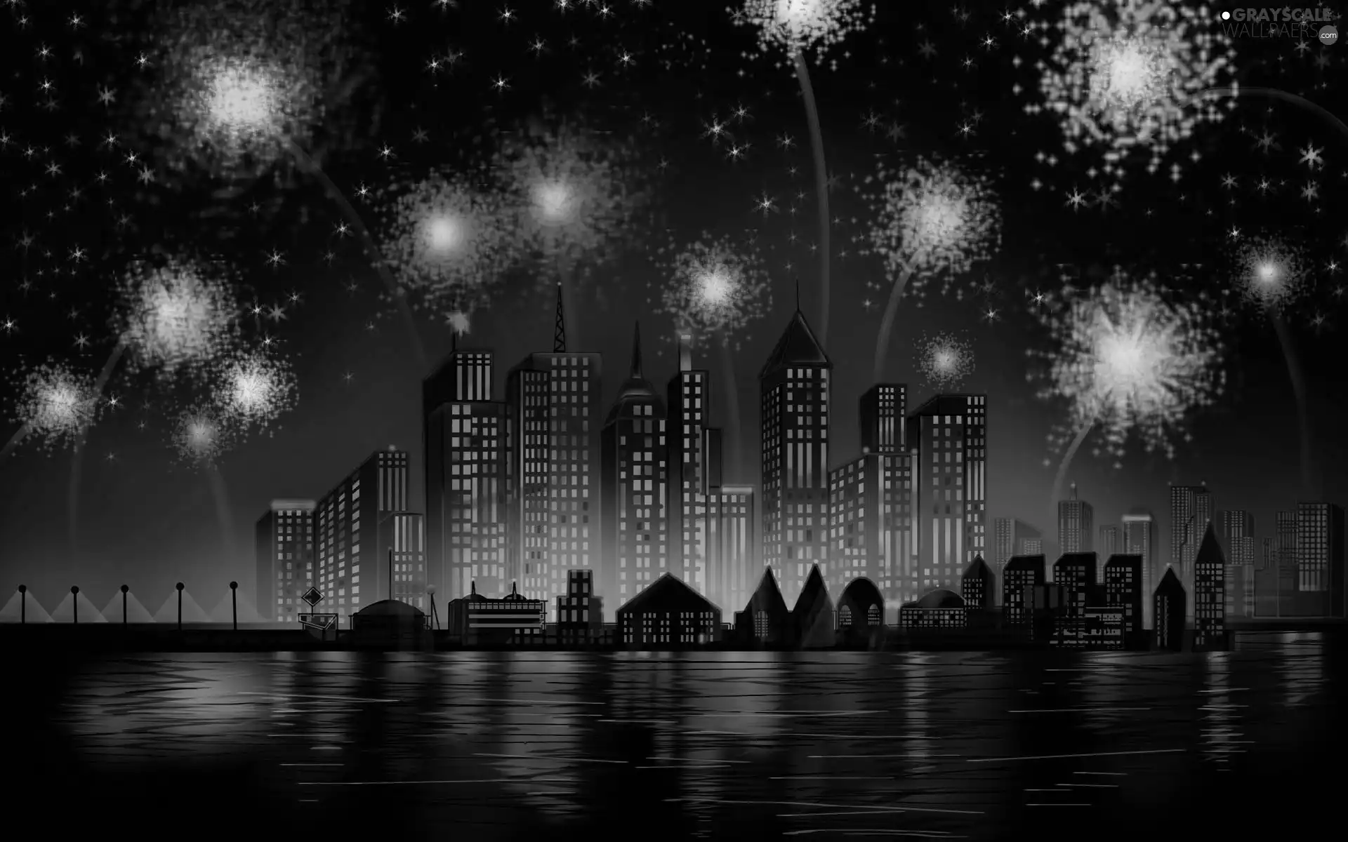 Night, fireworks, Town