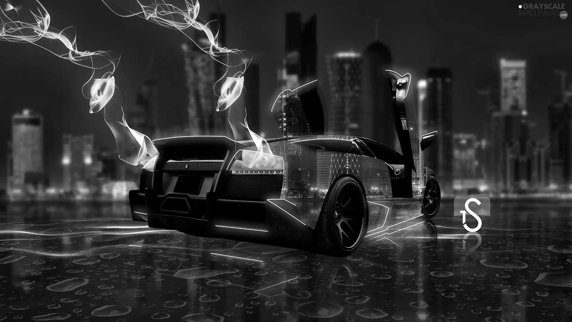 Town, graphics, Lamborghini Murcielago, Night, Black