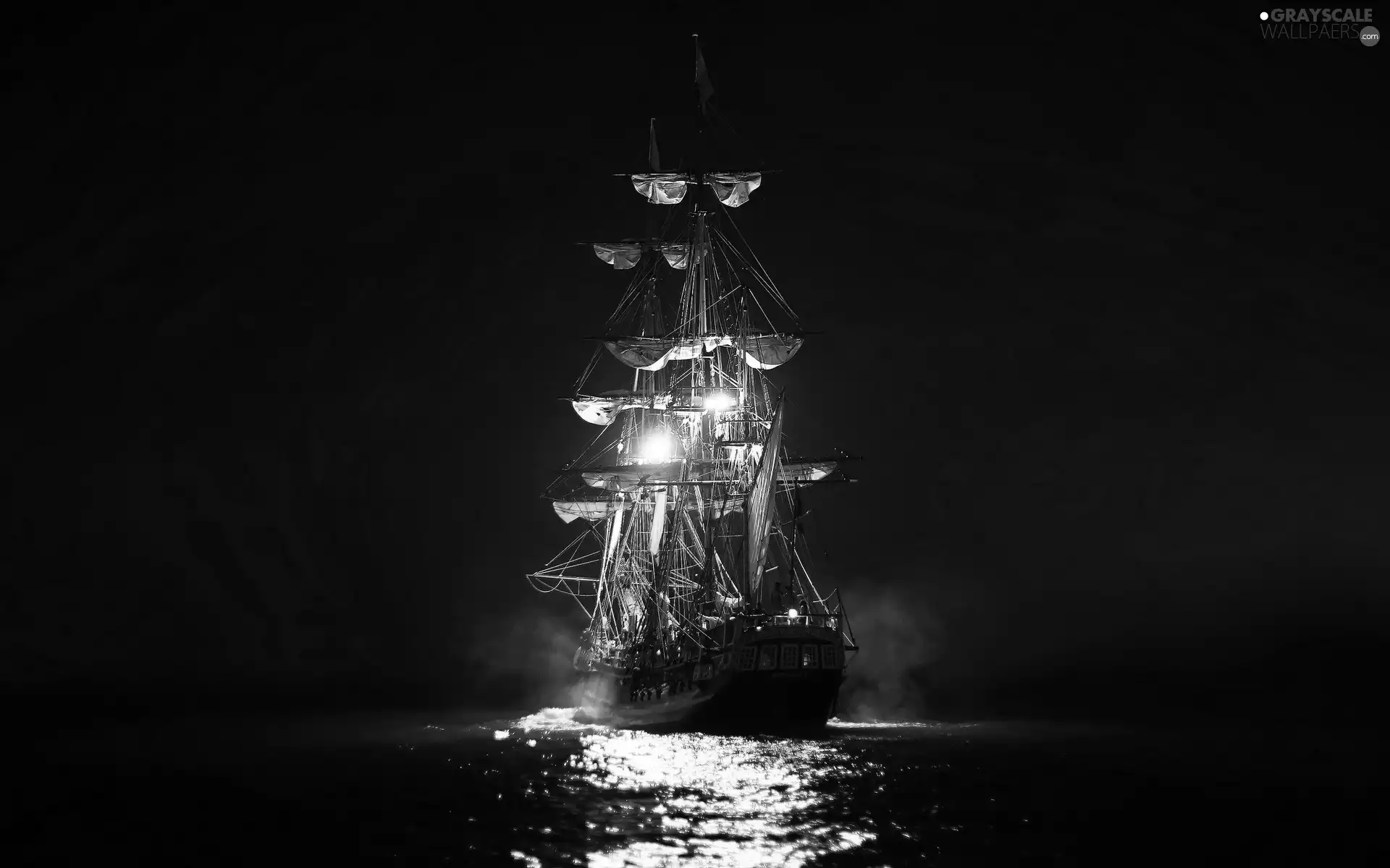 sailing vessel, Ship, Night, light