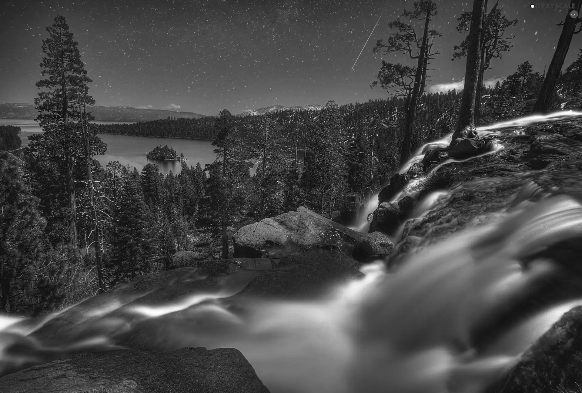 waterfall, lake, Night, forest