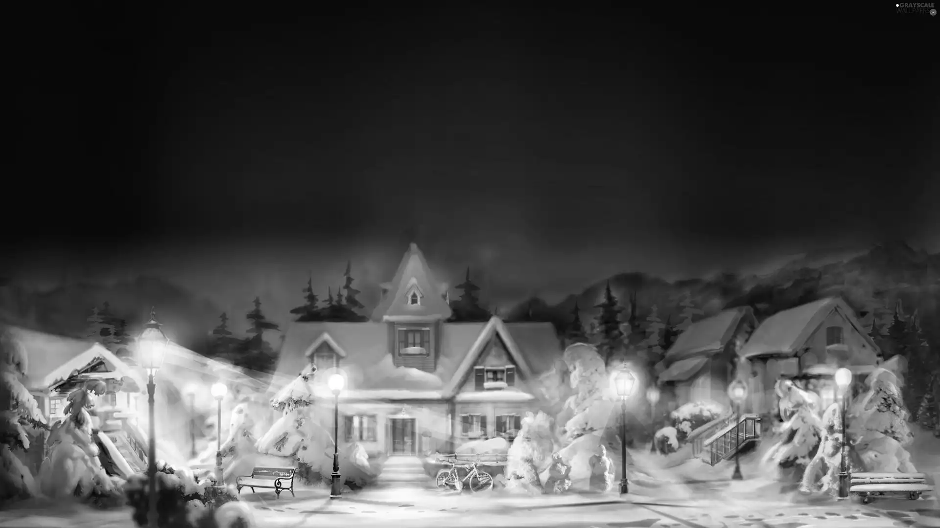 winter, Bike, Night, Houses