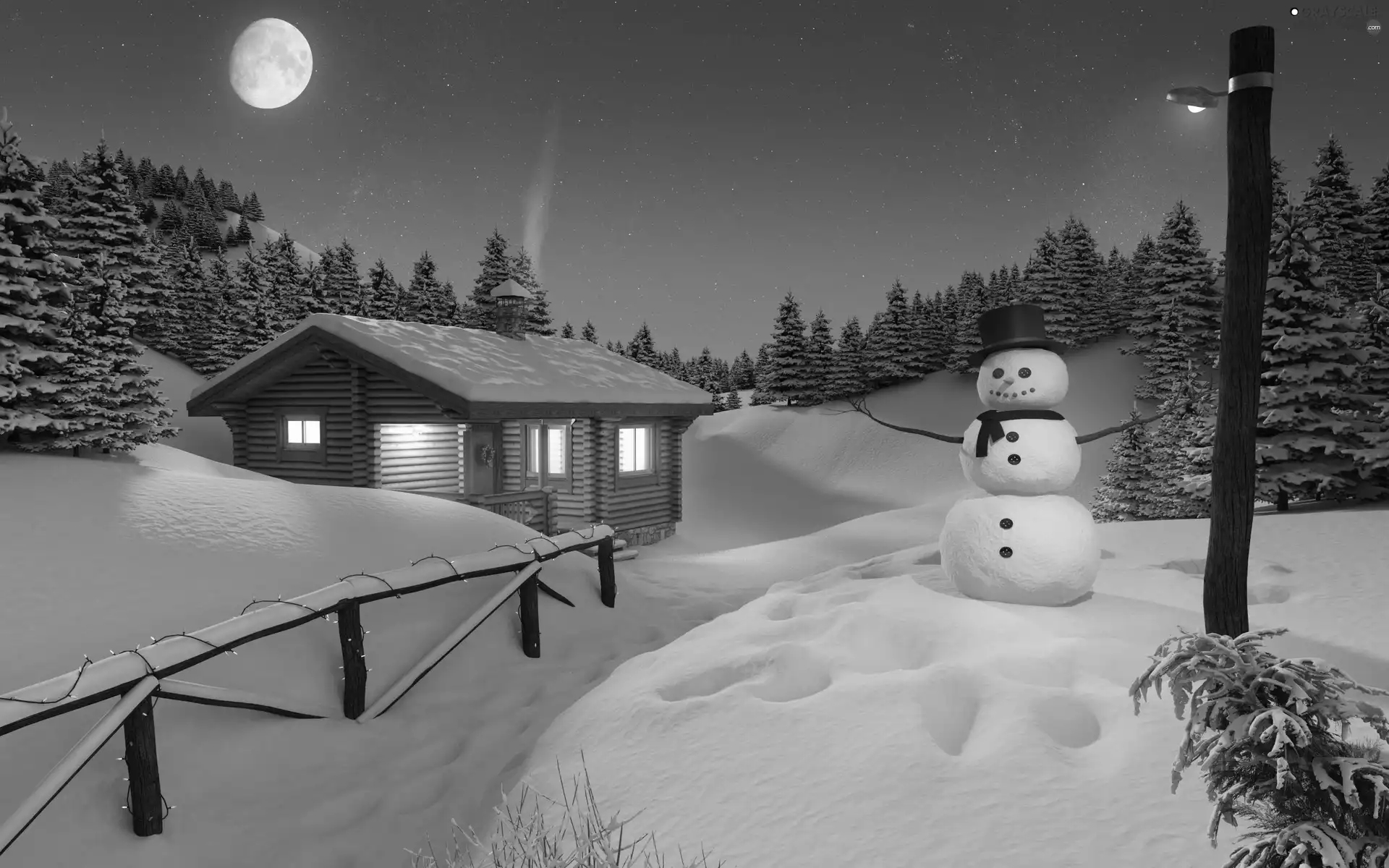 woods, house, Night, winter, Snowman, Mountains