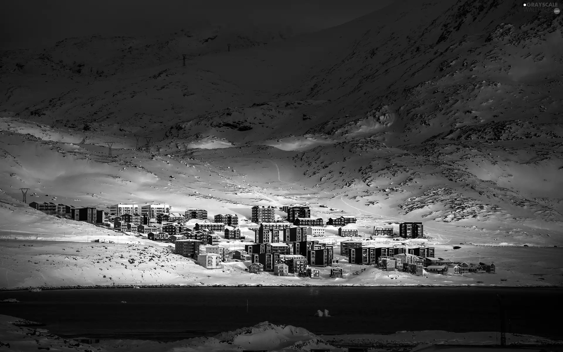 Night, winter, Mountains, River, Town