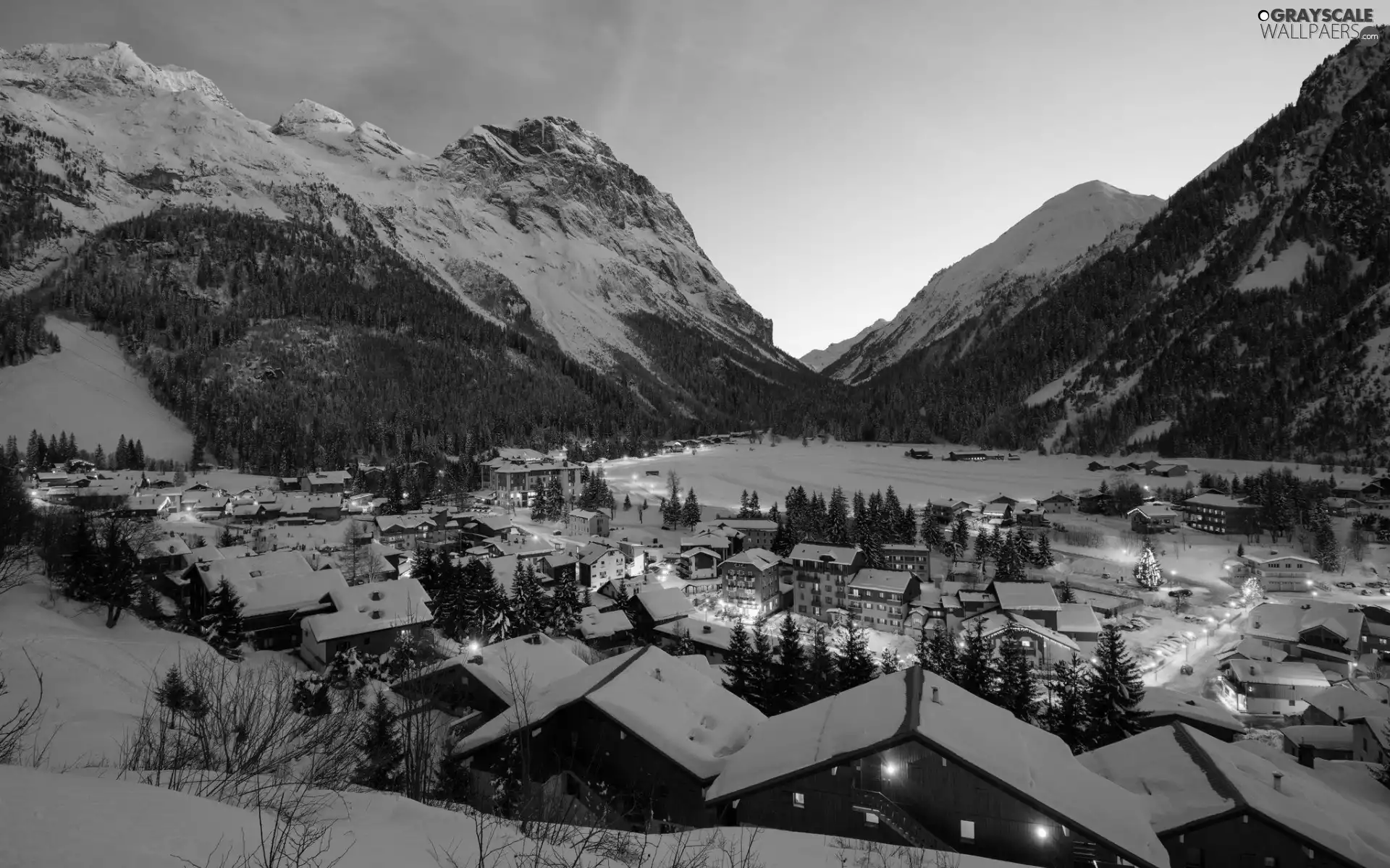 Night, winter, Mountains, woods, Town