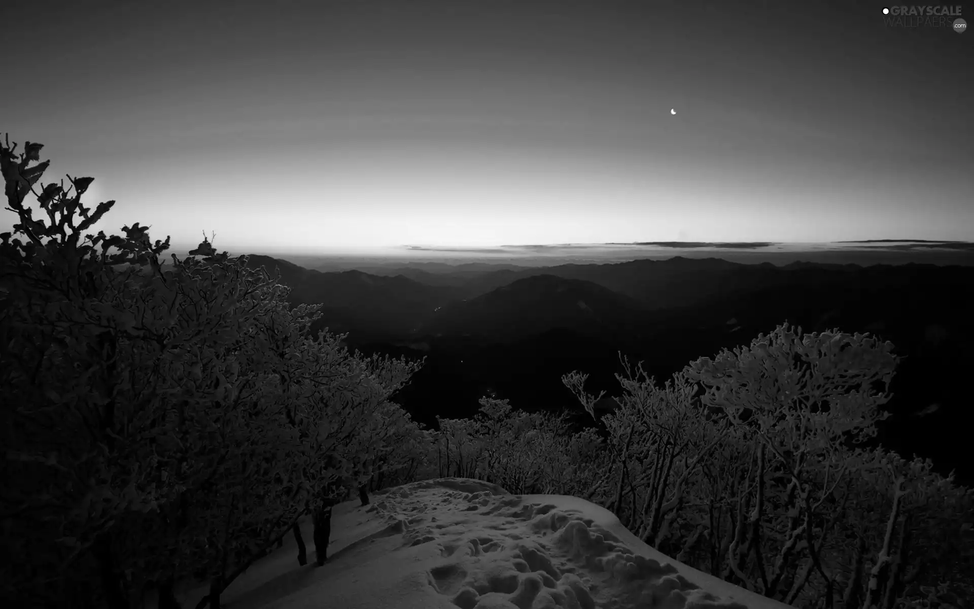 Night, winter, viewes, Mountains, trees